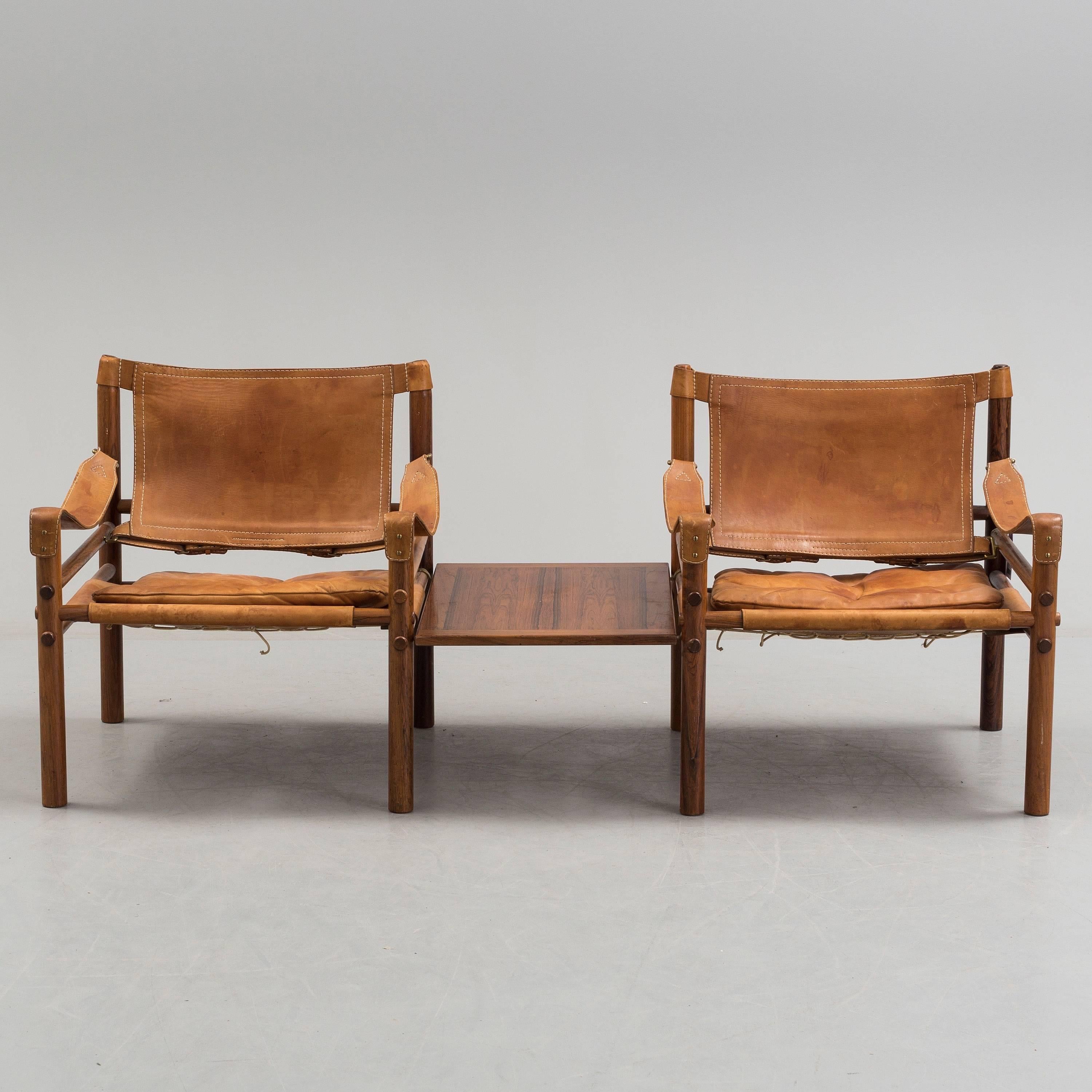 Mid-Century Modern Arne Norell Rosewood and Tan Leather Safari Sirocco Chairs, Sweden, 1960s