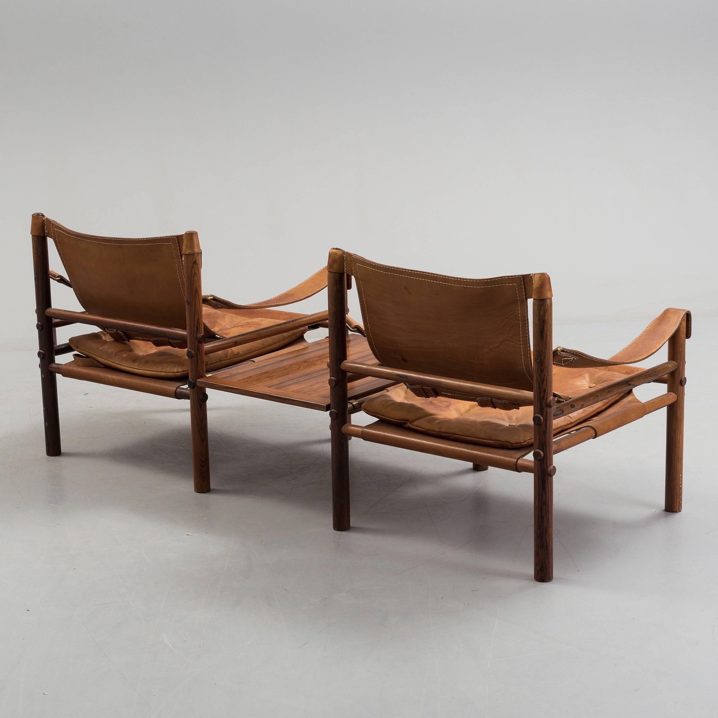 Swedish Arne Norell Rosewood and Tan Leather Safari Sirocco Chairs, Sweden, 1960s