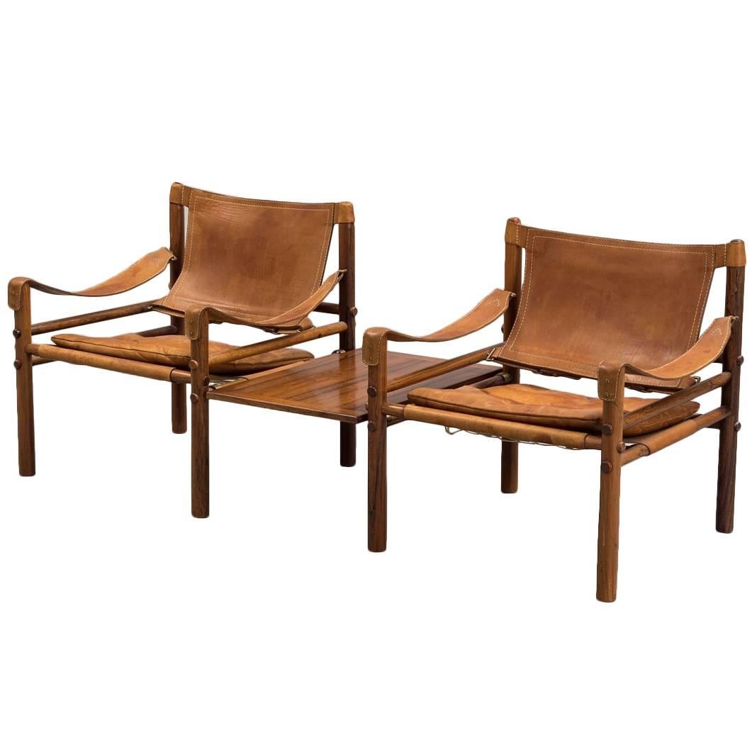 Arne Norell Rosewood and Tan Leather Safari Sirocco Chairs, Sweden, 1960s