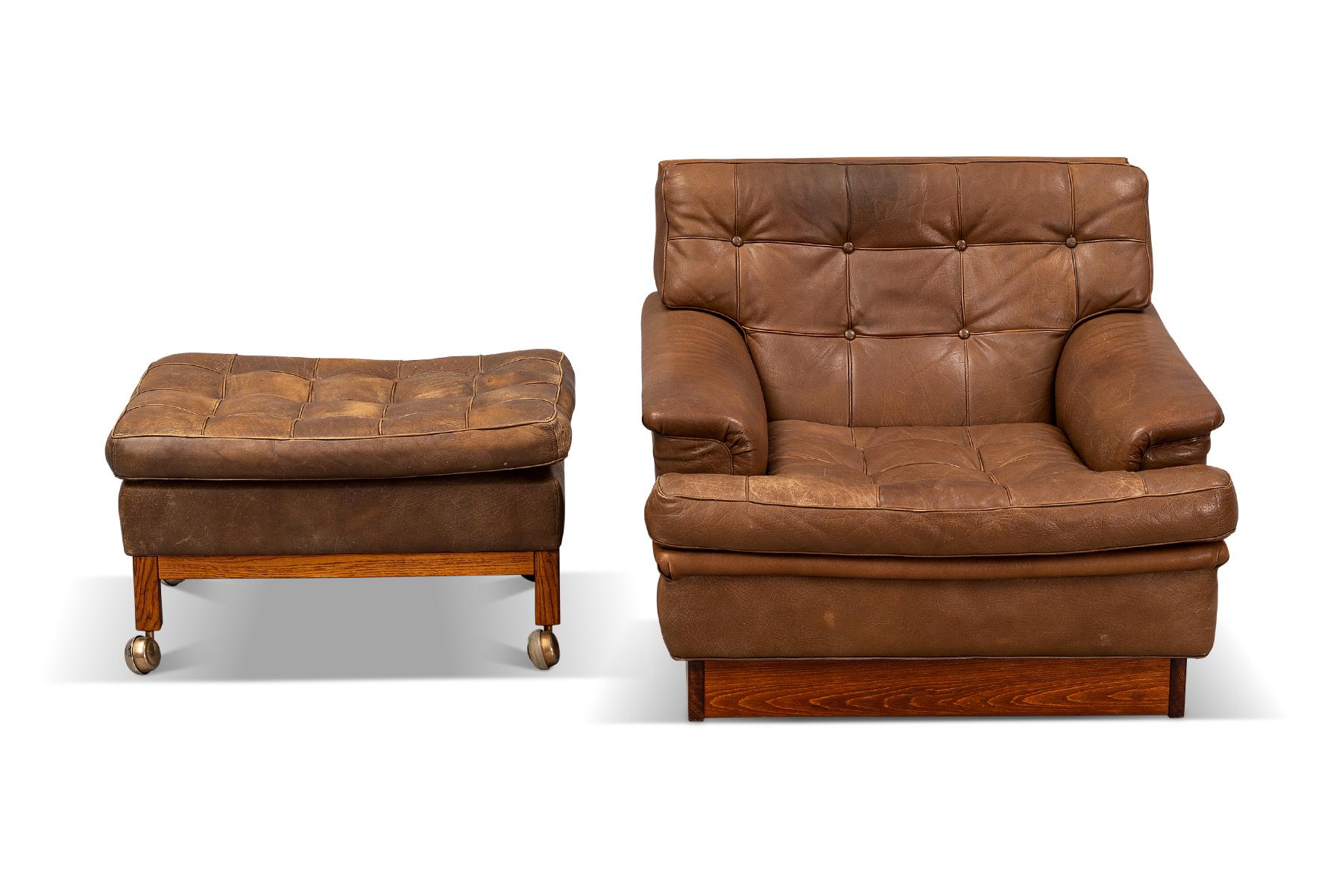 Mid-Century Modern Arne Norell fauteuil de salon Saturn + repose-pieds en cuir brun en vente