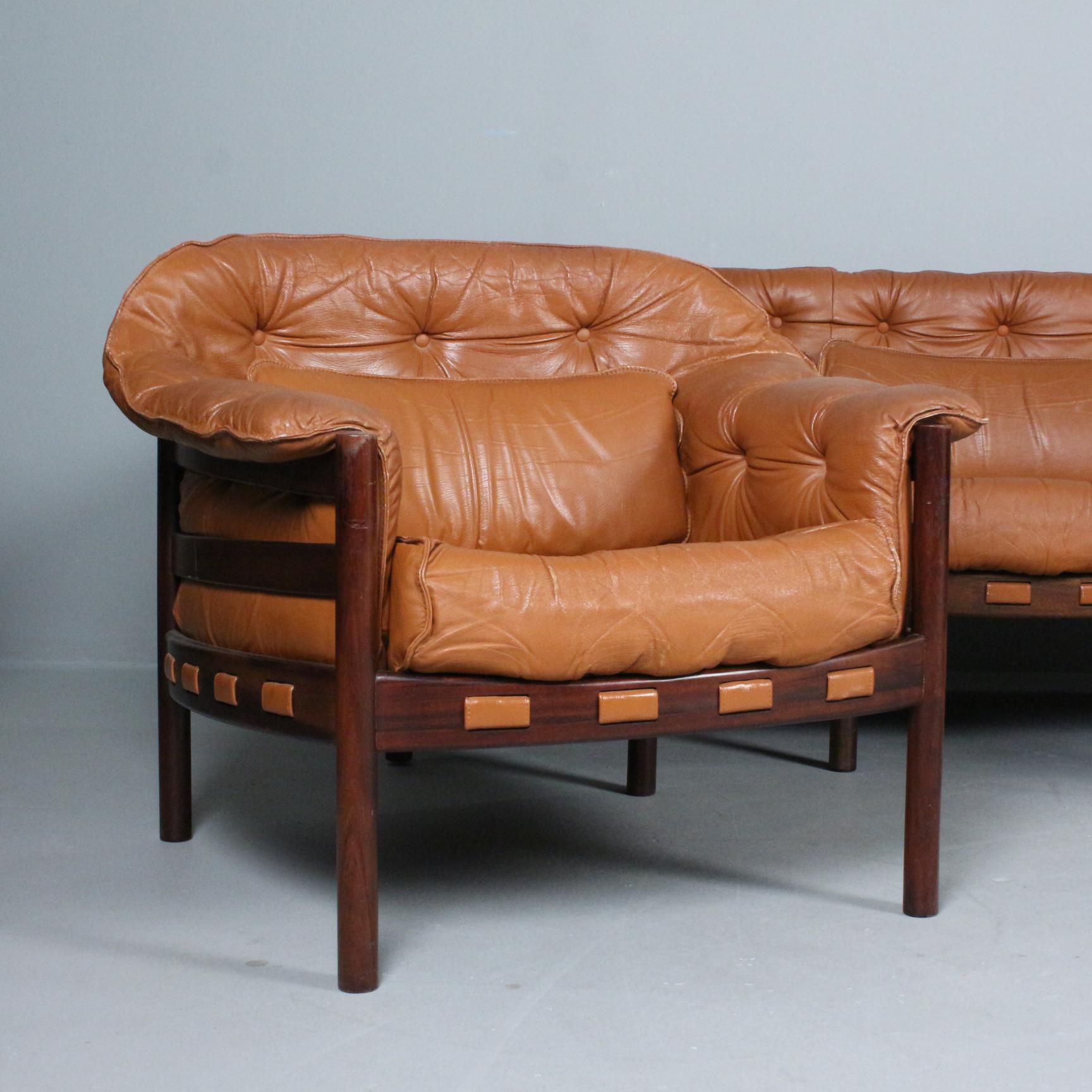 Arne Norell Sofagarnitur & Sessel Braunes Leder für Coja Schweden 1960 im Angebot 1