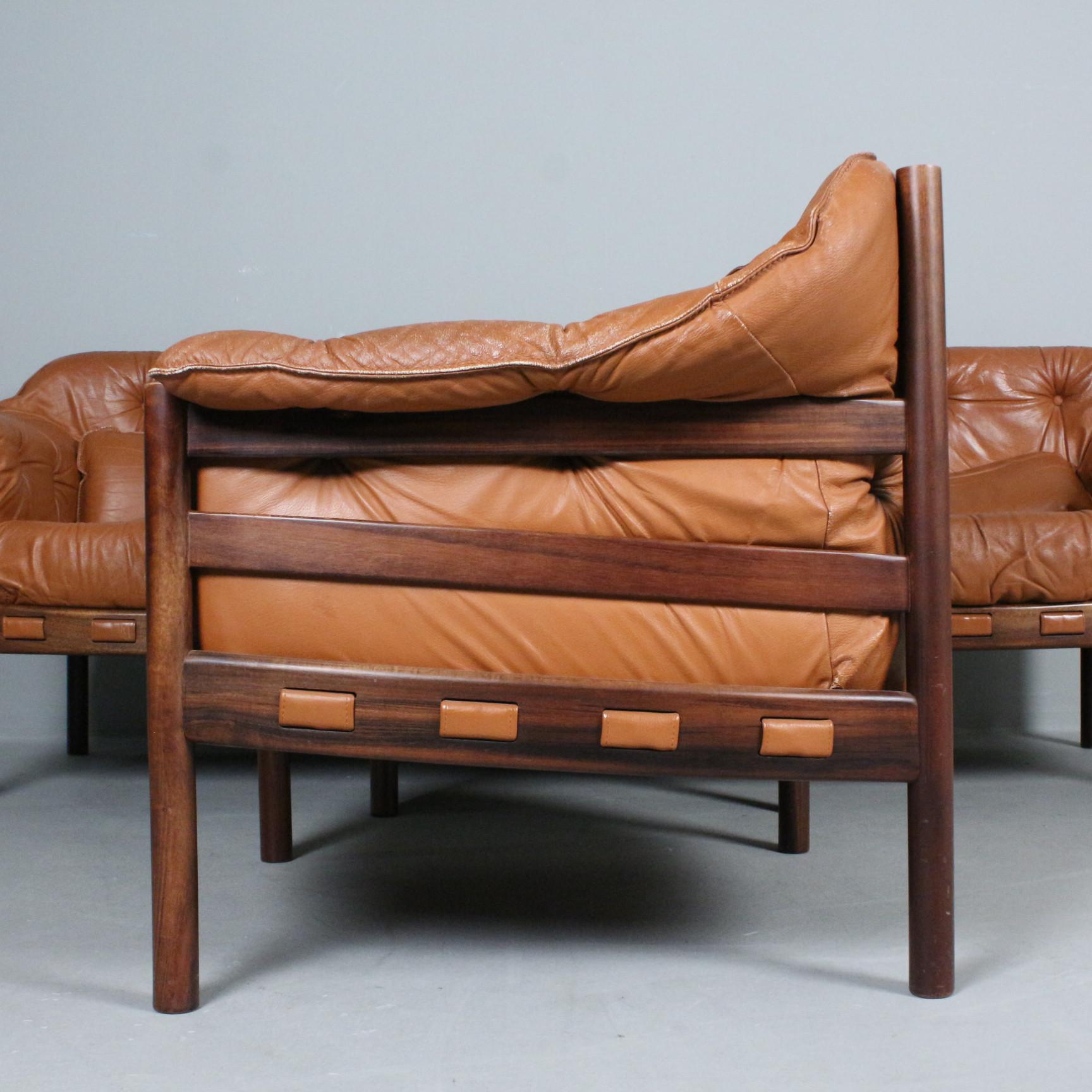 Arne Norell Sofagarnitur & Sessel Braunes Leder für Coja Schweden 1960 im Angebot 2