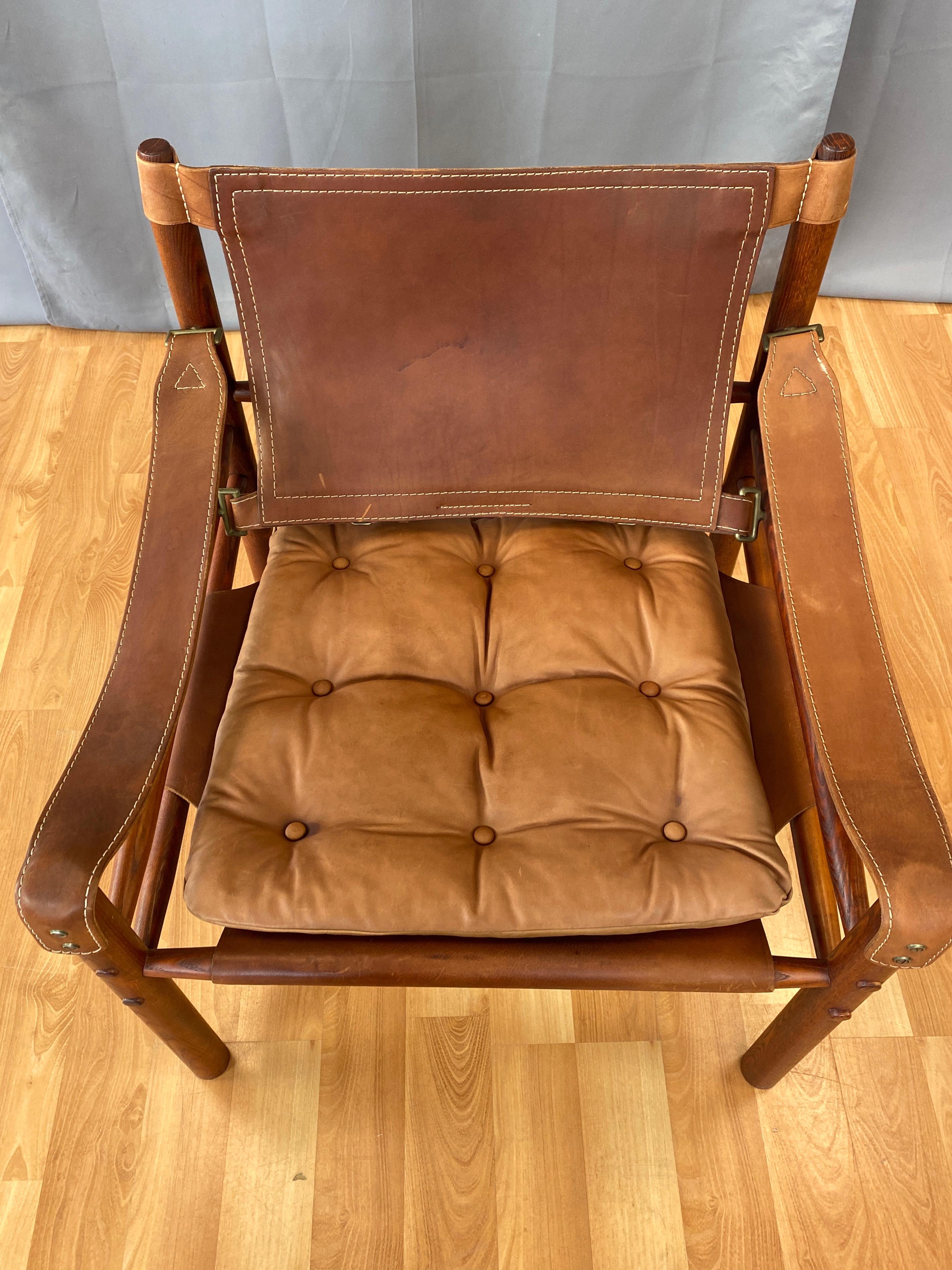 Arne Norell Chaise Safari Sirocco en chêne teinté palissandre et cuir brun:: 1970 9