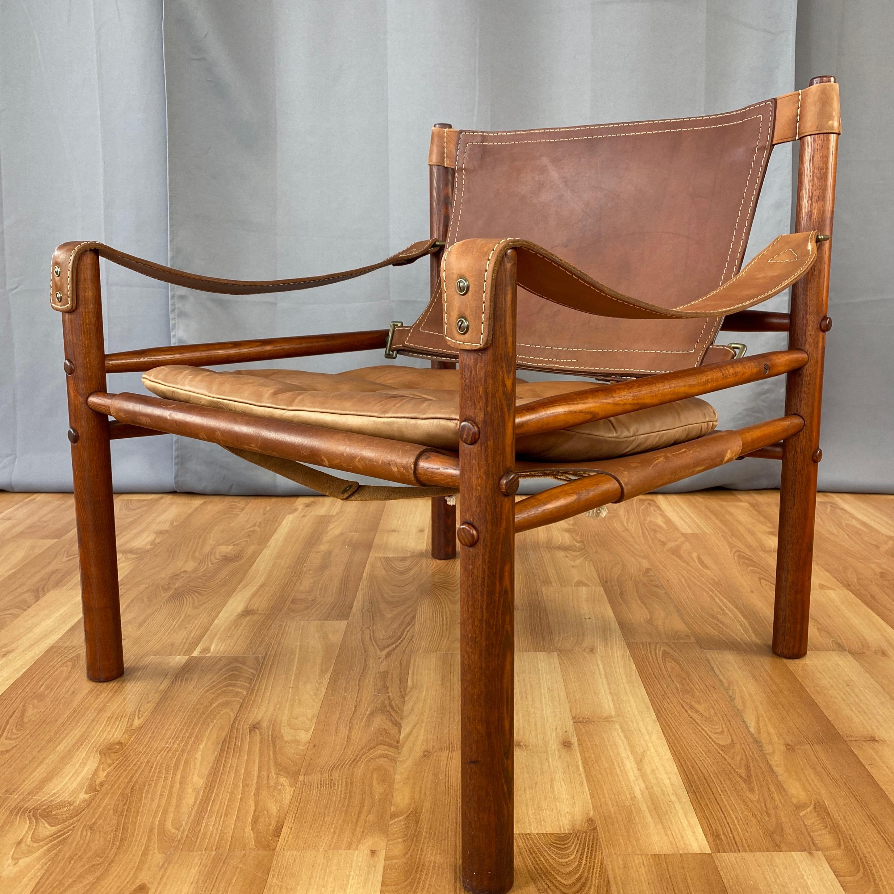 Scandinavian Modern Arne Norell Sirocco Safari Chair in Rosewood-Colored Oak and Brown Leather, 1970