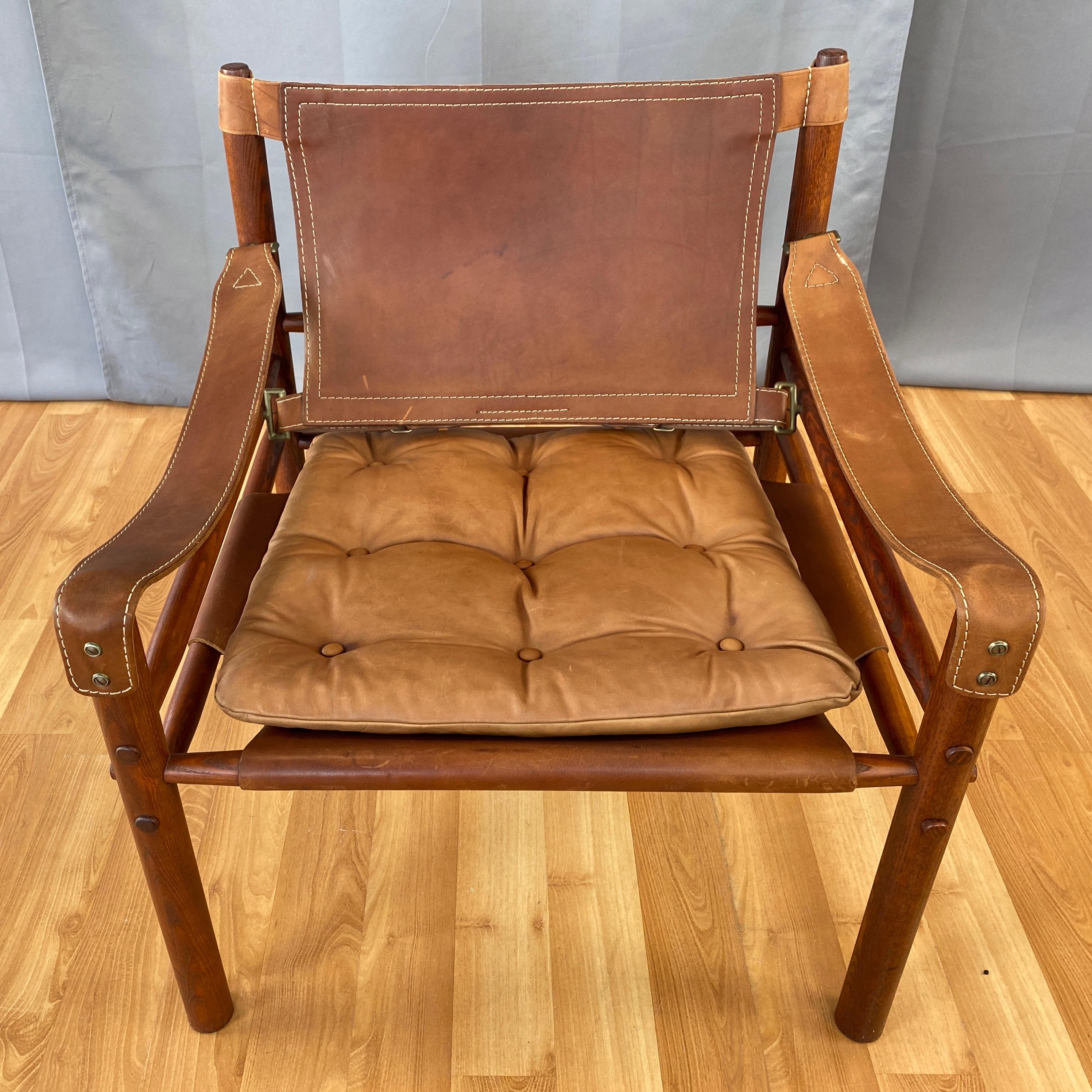 Stained Arne Norell Sirocco Safari Chair in Rosewood-Colored Oak and Brown Leather, 1970