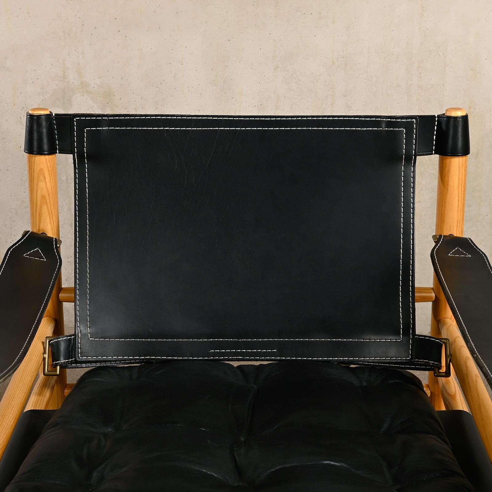 Arne Norell Sirocco Safari Lounge Chair en cuir noir et frêne, Suède en vente 1