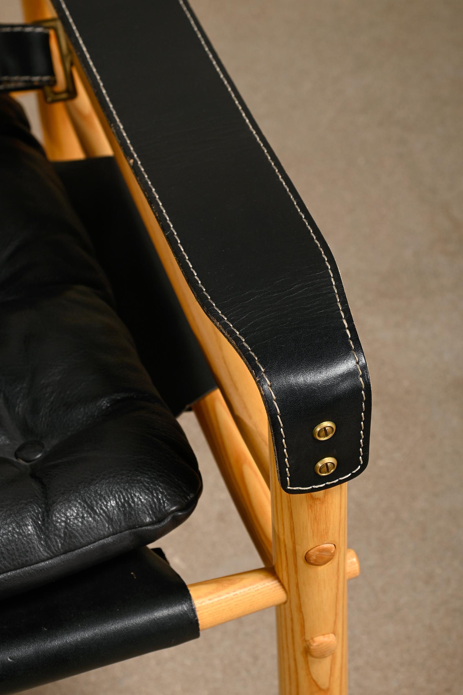 Arne Norell Sirocco Safari Lounge Chair en cuir noir et frêne, Suède en vente 2