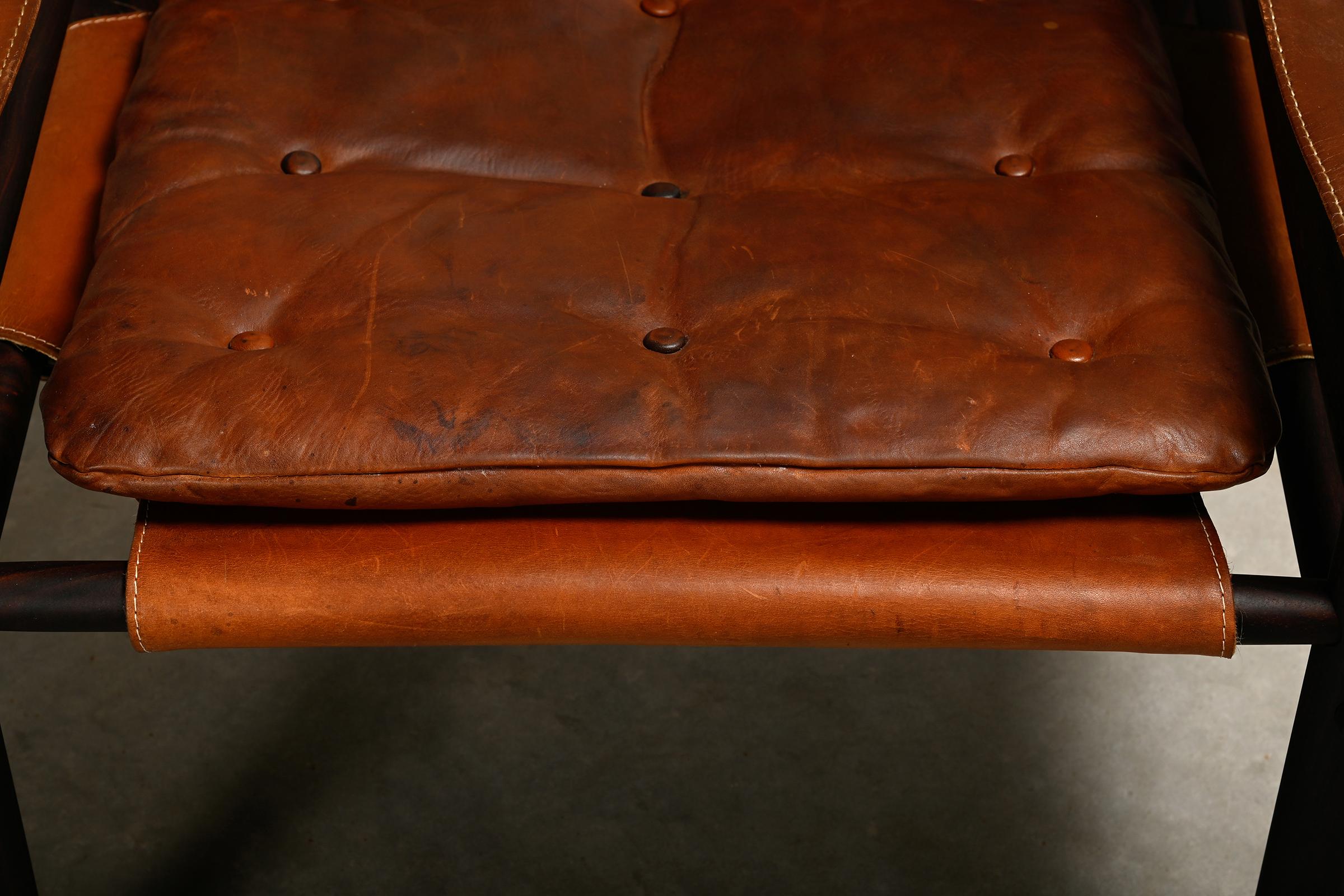 Arne Norell Sirocco Safari Lounge Chair aus dunkelbraunem Holz und Leder, Schweden im Angebot 6