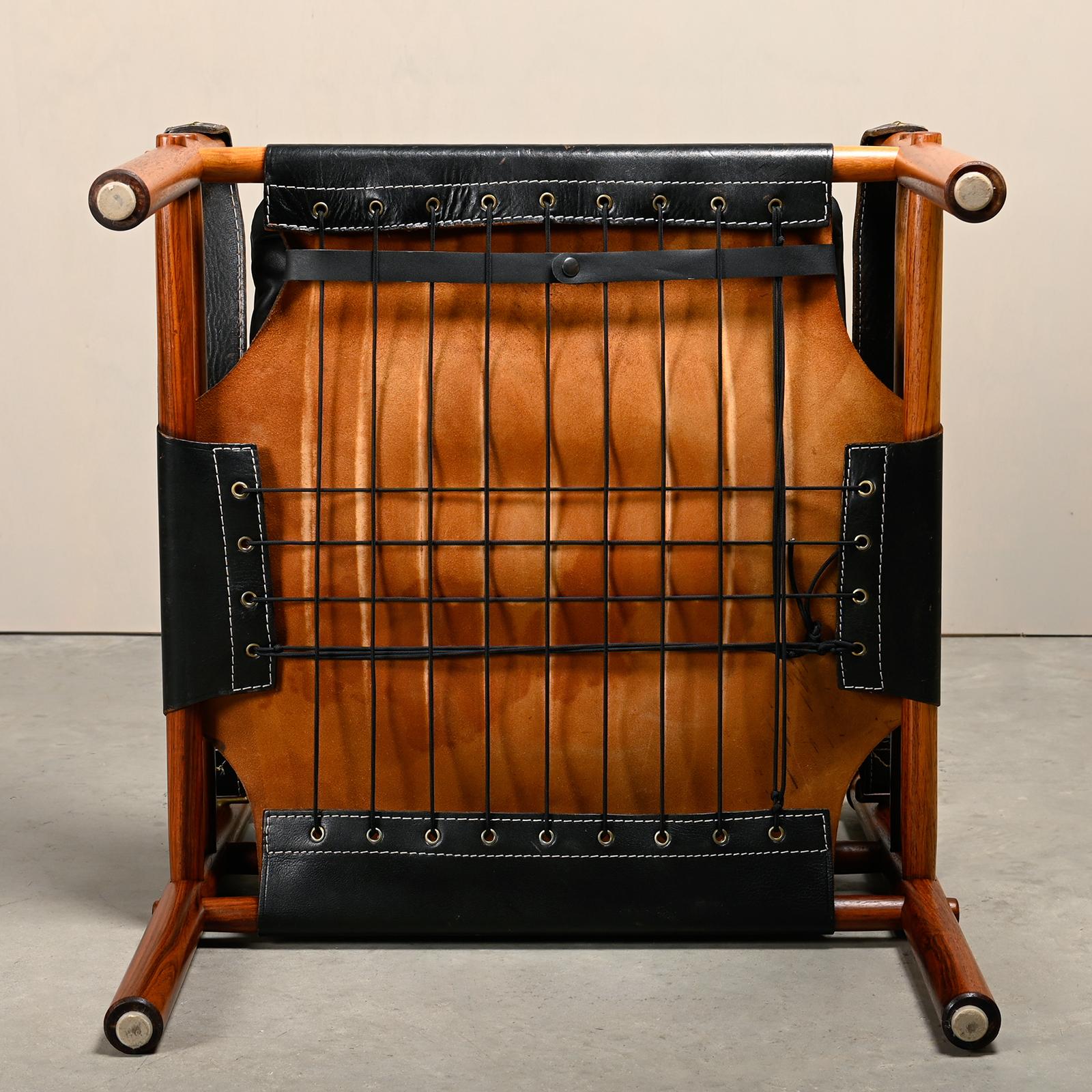 Arne Norell Sirocco Safari Lounge Chair en bois de rose et cuir noir, Suède en vente 12