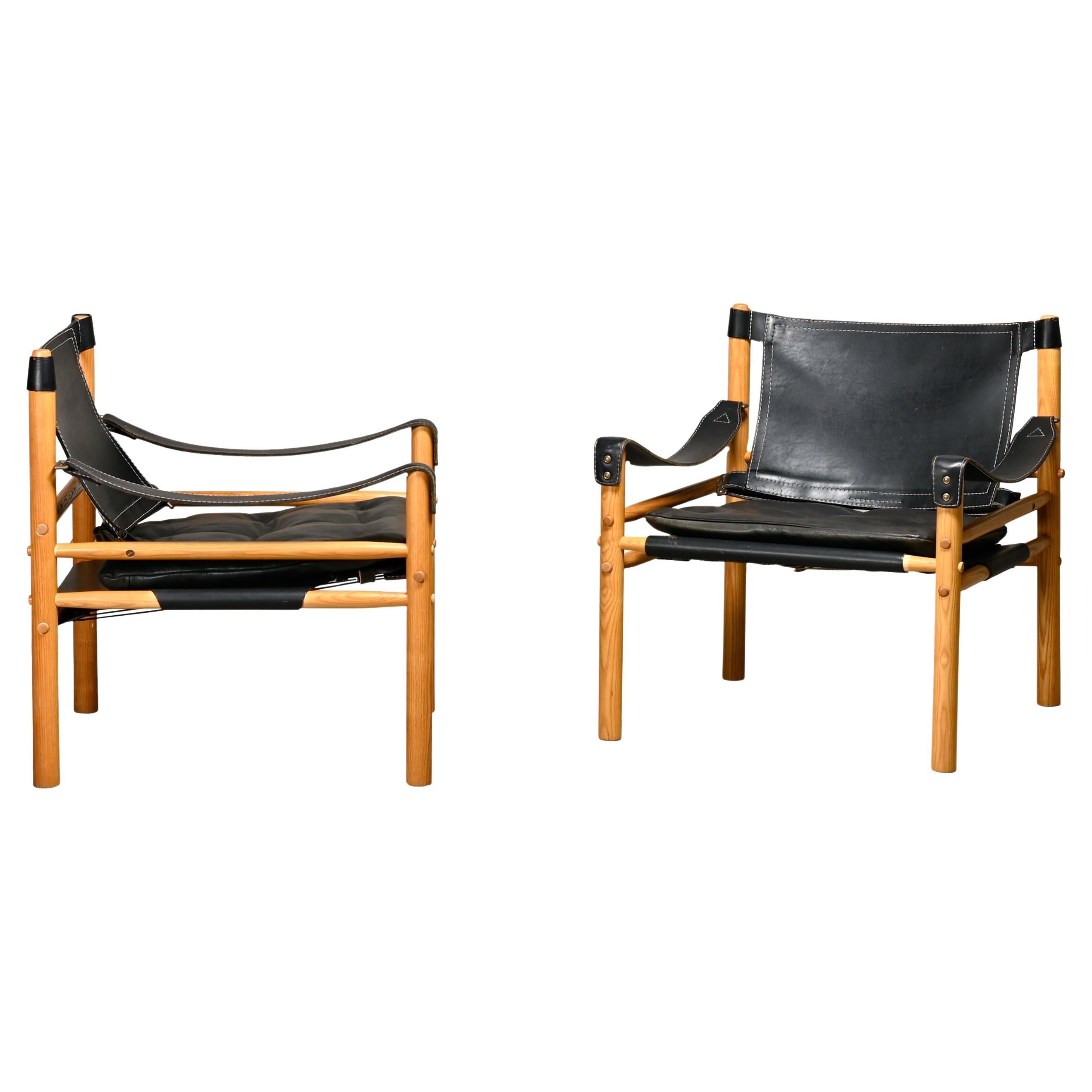Sedie da salotto Safari di Arne Norells in pelle nera e frassino, Svezia