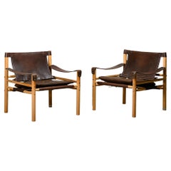 Arne Norell Sirocco Safari Lounge Chairs in dark brown leather and ash, Sweden