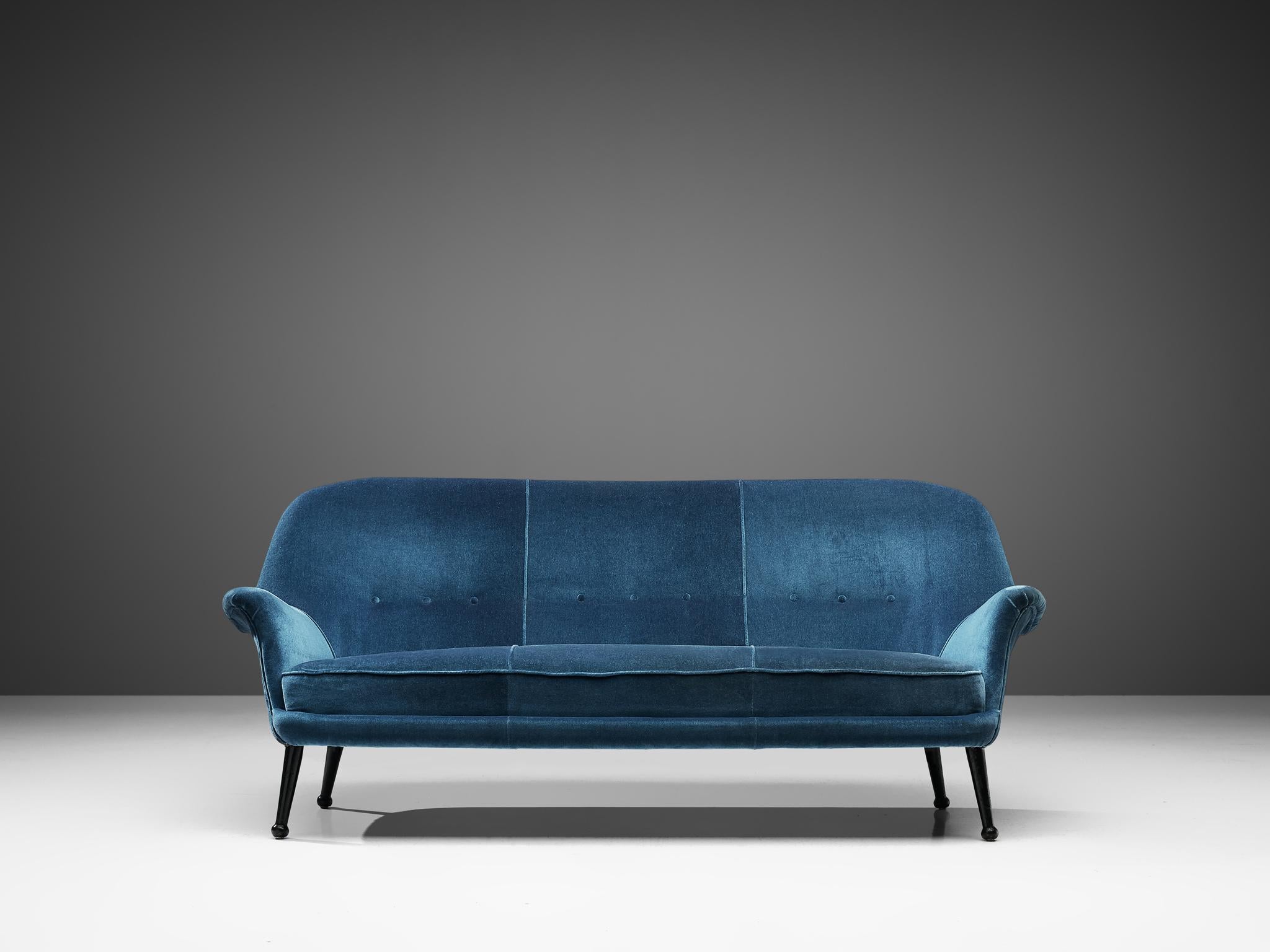 Danish Arne Norell Sofa in Blue Velvet Upholstery