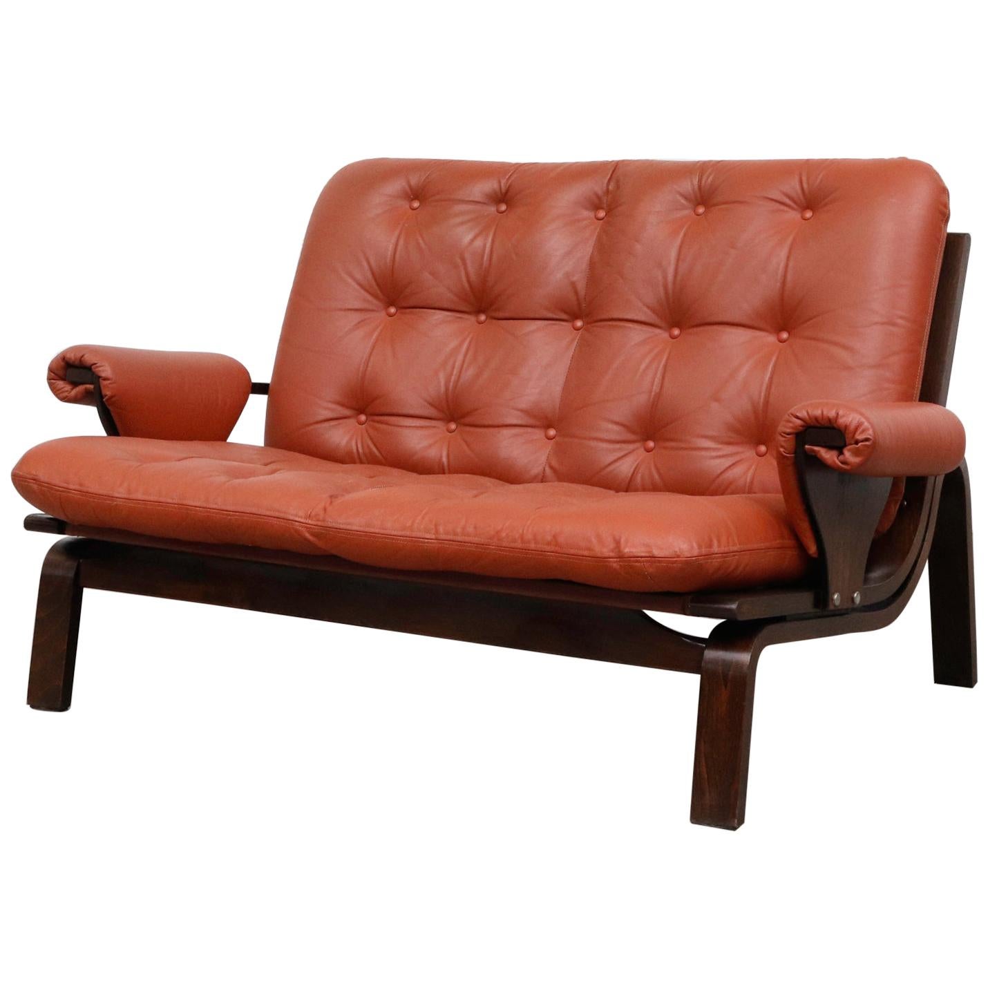 Arne Norell Style Leather Loveseat with Bent Wood Frame