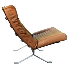 Arne Norell Style Tan Leather Lounge Chair With Squared Metal Frame & Straps