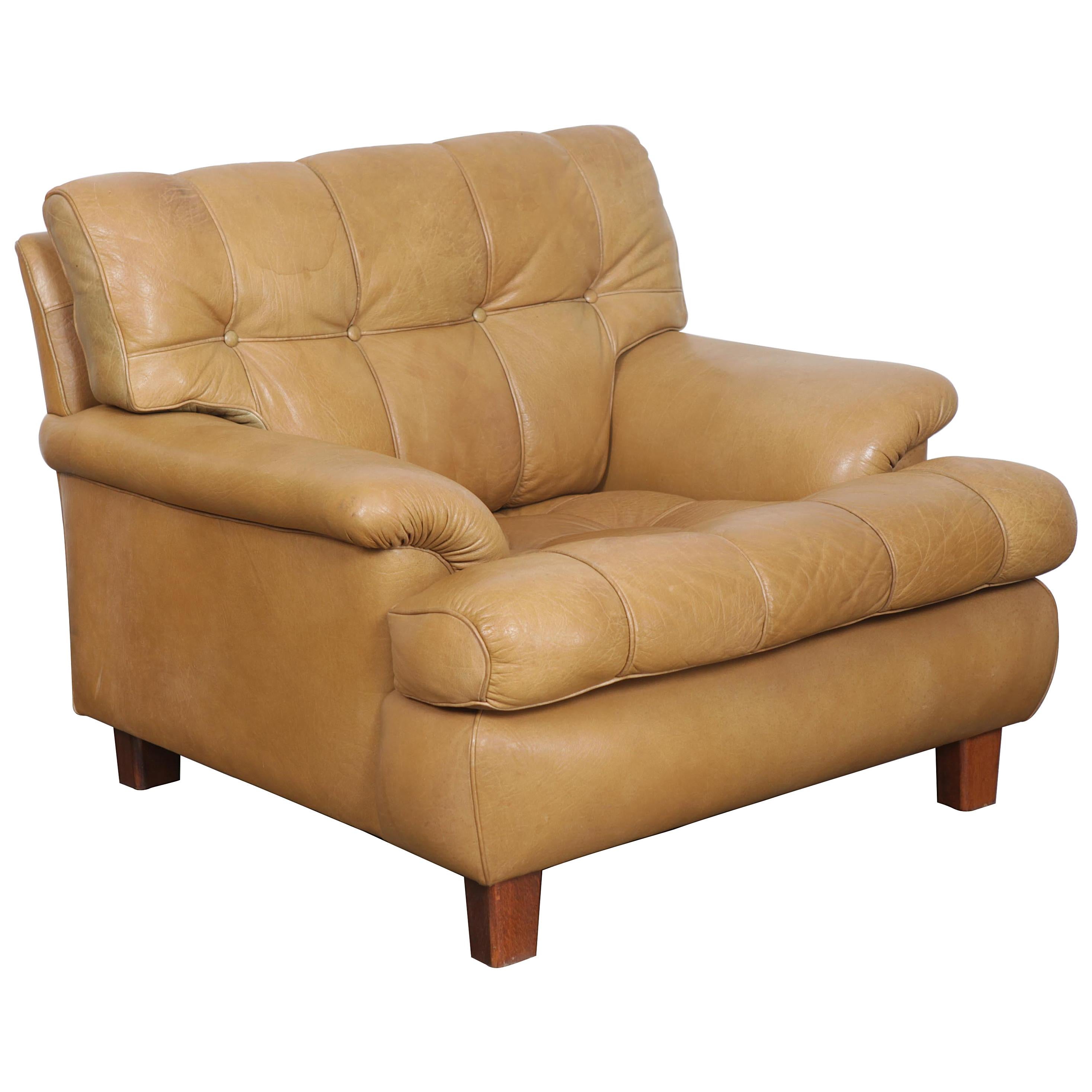 Arne Norell Tan Leather Tufted and Paneled Lounge Chair by Norell AB