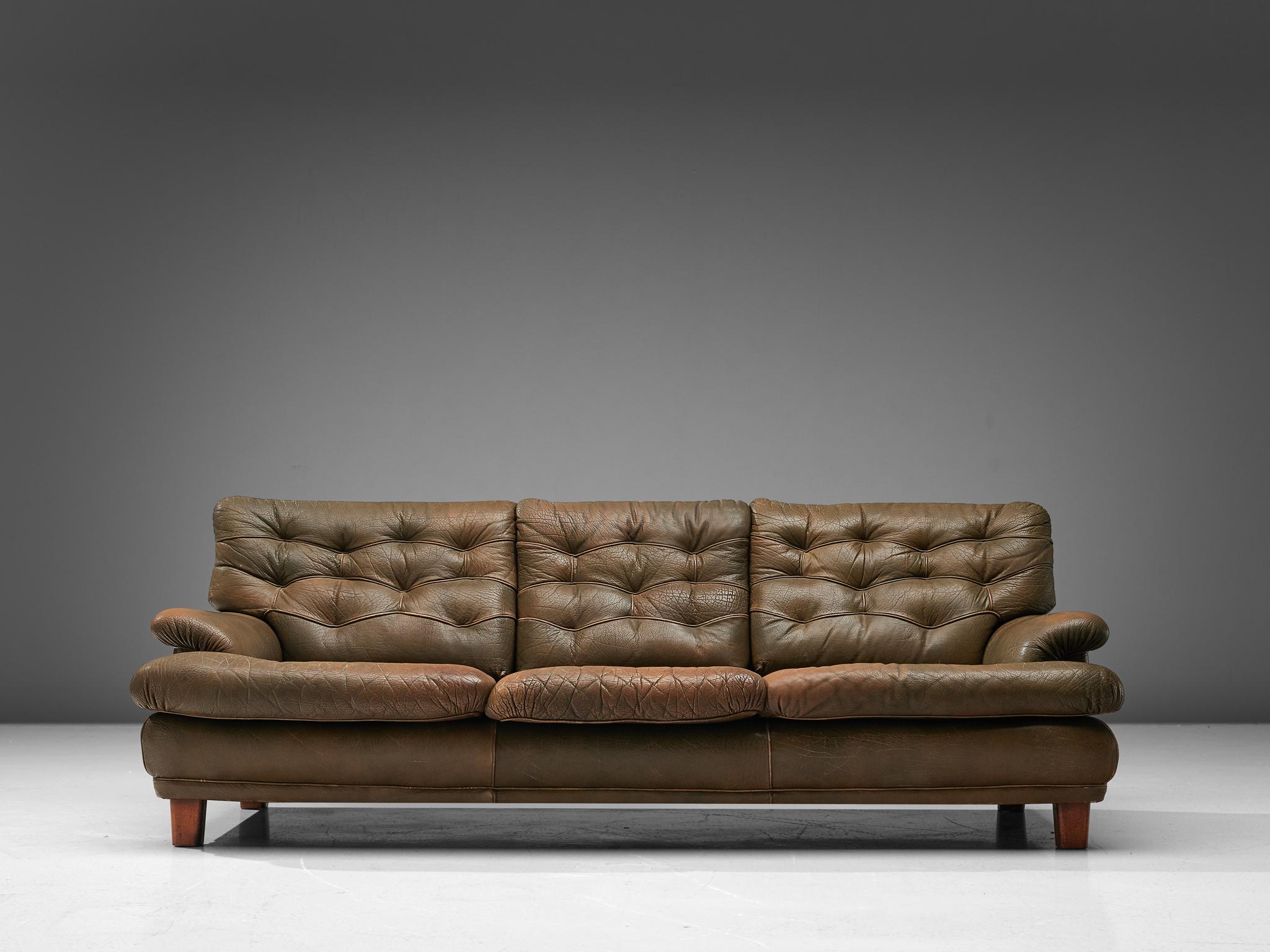 Swedish Arne Norell Three-Seat Sofa in Patinated Olive Green Leather