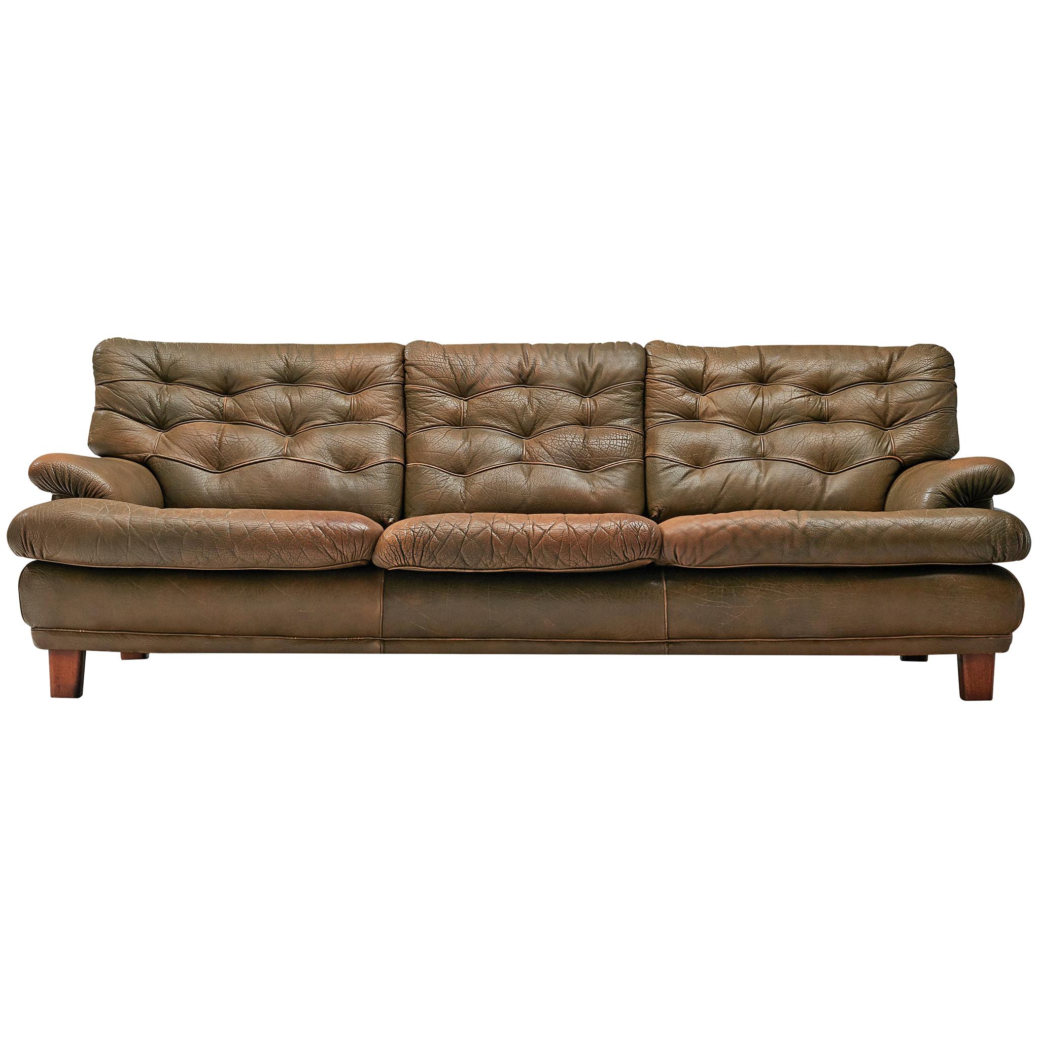 Arne Norell Three-Seat Sofa in Patinated Olive Green Leather