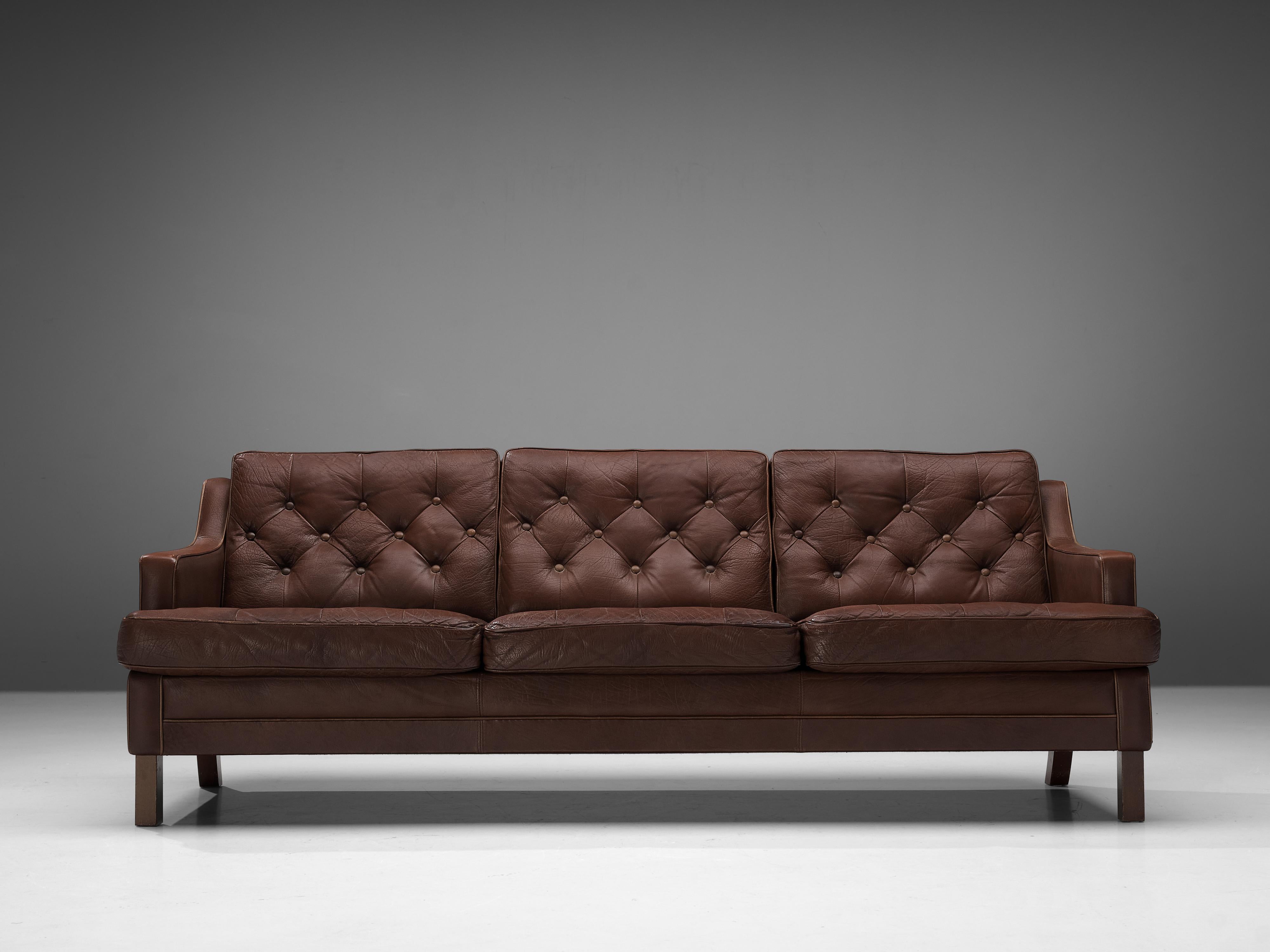 Arne Norell, sofa, brown leather and wood, Sweden, 1960s

Three seater sofa by Arne Norell. This sofa is refined, modern and with a classical touch. A true Swedish and Norell design. The sofa is made of brown leather with four cubic shaped wooden