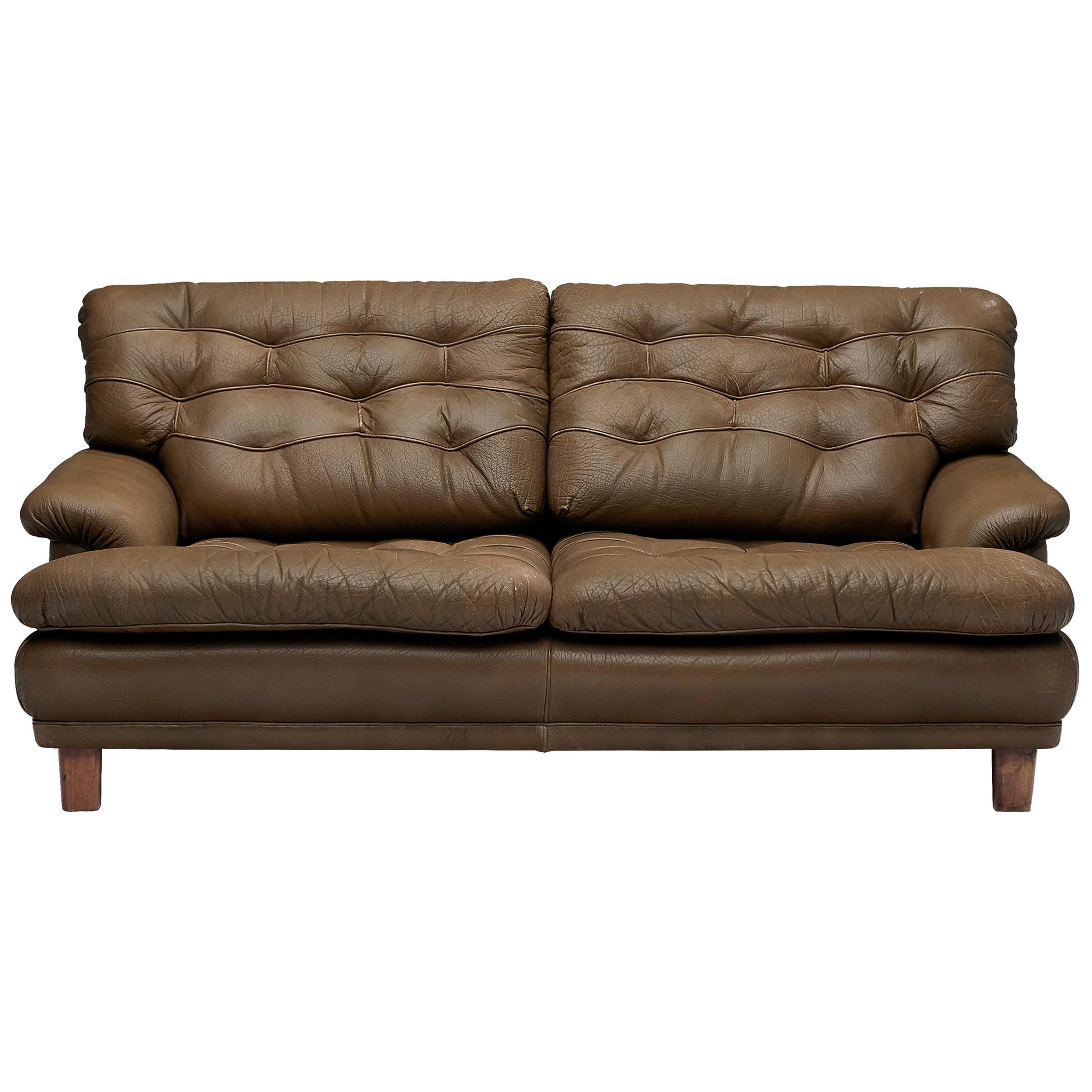 Arne Norell Two-Seater Sofa in Patinated Olive Green Leather For Sale