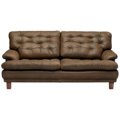 Arne Norell Two-Seater Sofa in Patinated Olive Green Leather