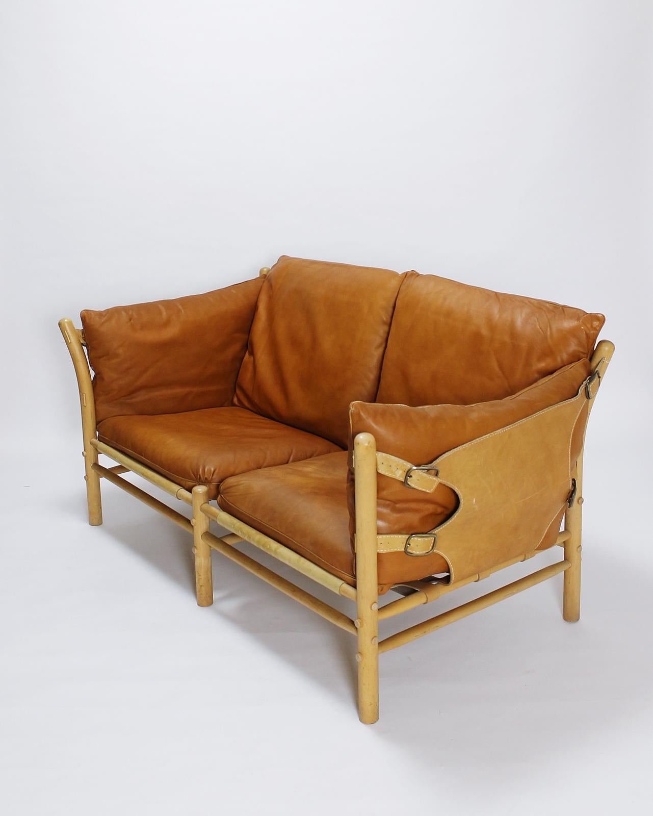 Scandinavian Modern  Arne Norell Two Seater Sofa in Brown Leather Model Ilona