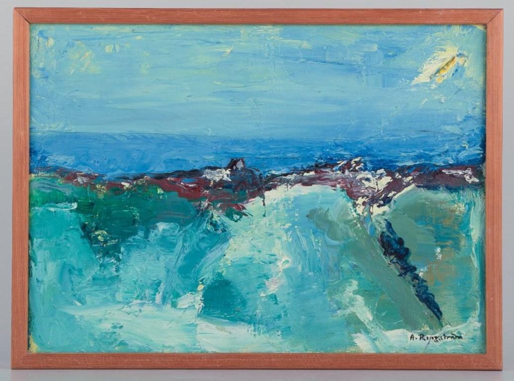 Arne Ringström (1924-2008), Swedish artist. 
Oil on canvas.
Modernist landscape.
Coloristic palette.
Thick strokes.
Approximately from the 1960s.
Signed.
In excellent condition.
Dimensions: 33.0 cm x 24.0 cm.
Total: 34.5 cm x 25.5 cm.