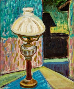 Nature morte avec une lampe à huile dans une pièce, huile sur toile expressionniste