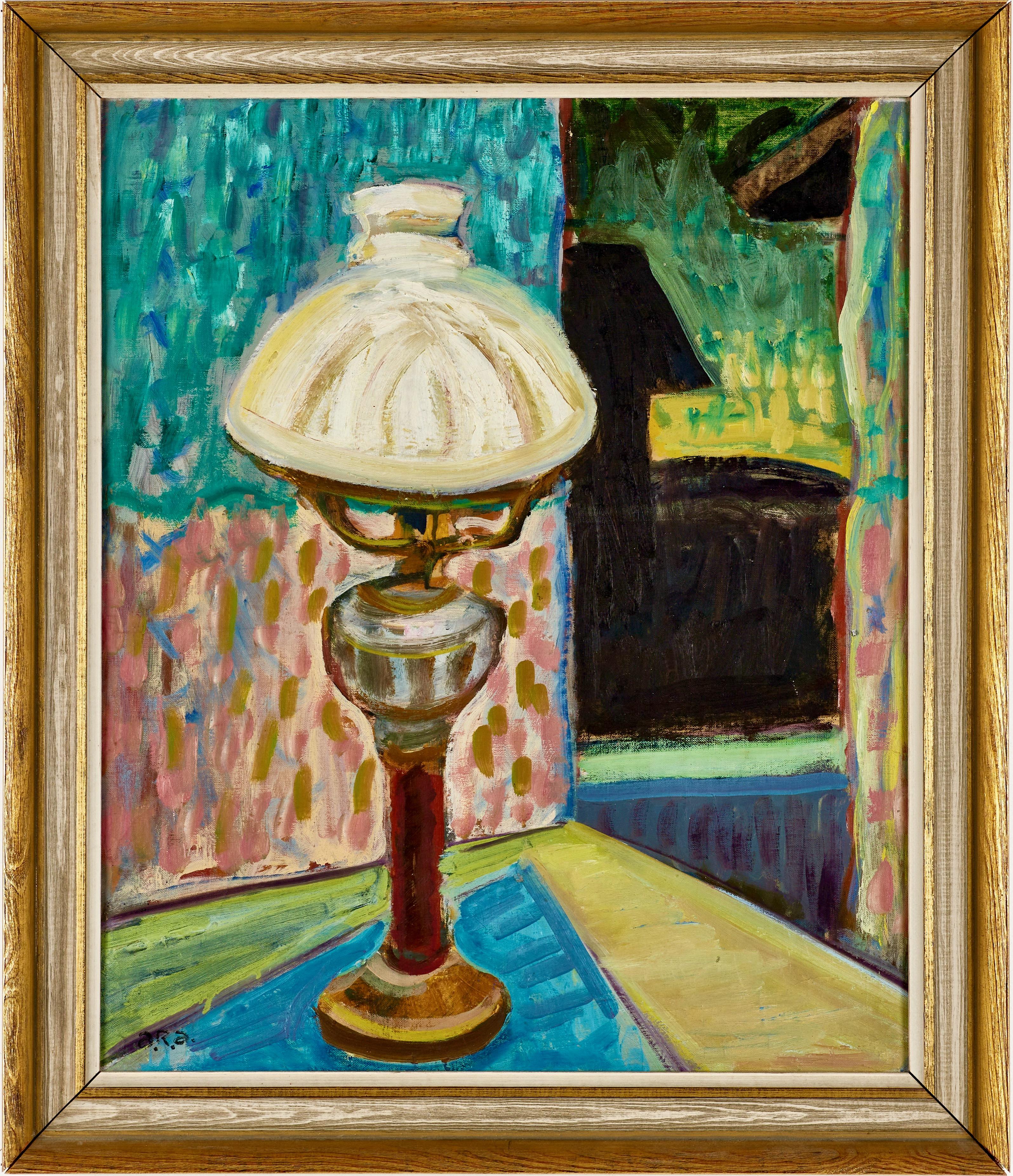 Still Life With Oil Lamp in a Room Interior, Expressionistic Oil on Canvas