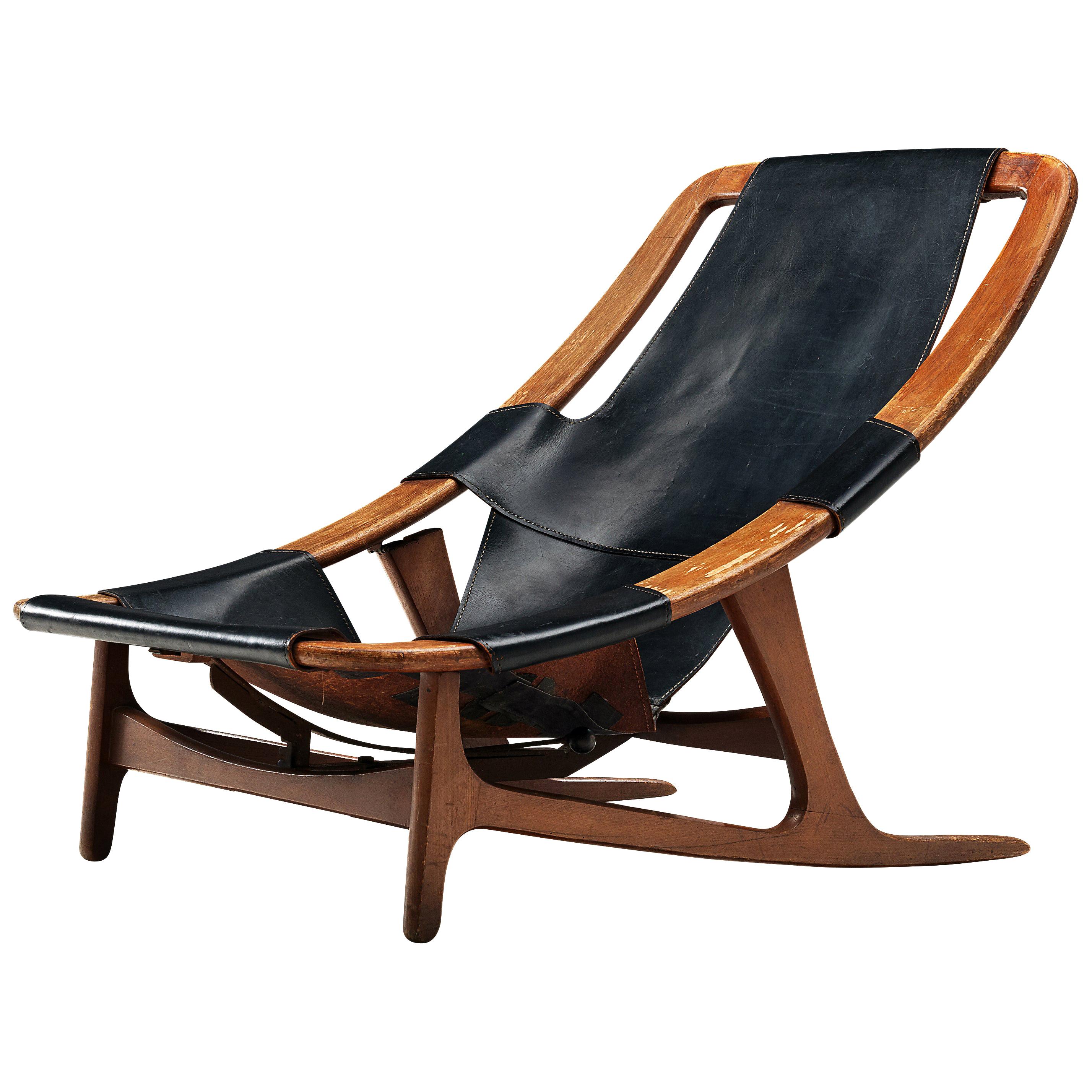 Arne Tidemand Ruud Adjustable 'Holmkollen' Lounge Chair in Black Leather