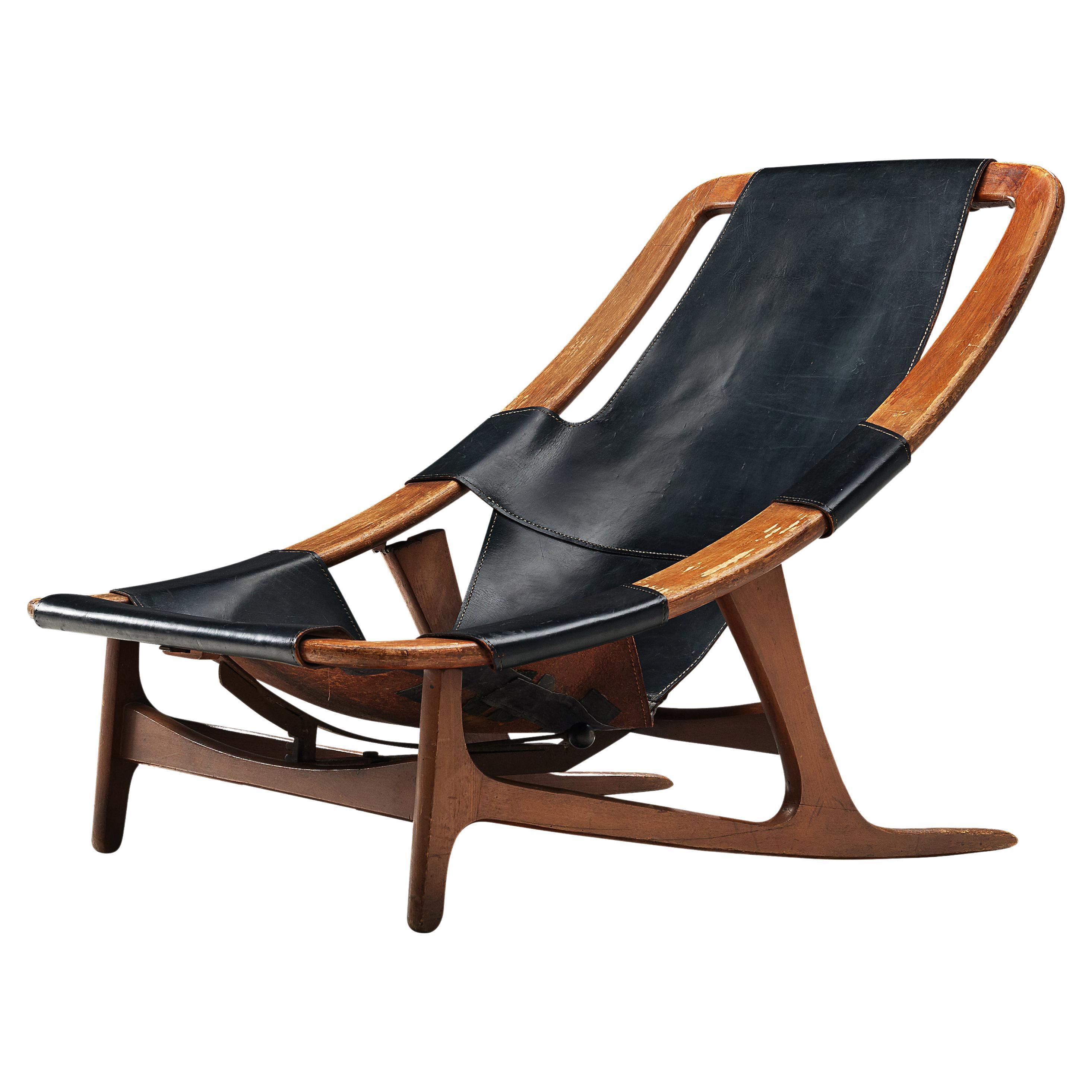 Arne Tidemand Ruud Adjustable 'Holmkollen' Lounge Chair in Black Leather