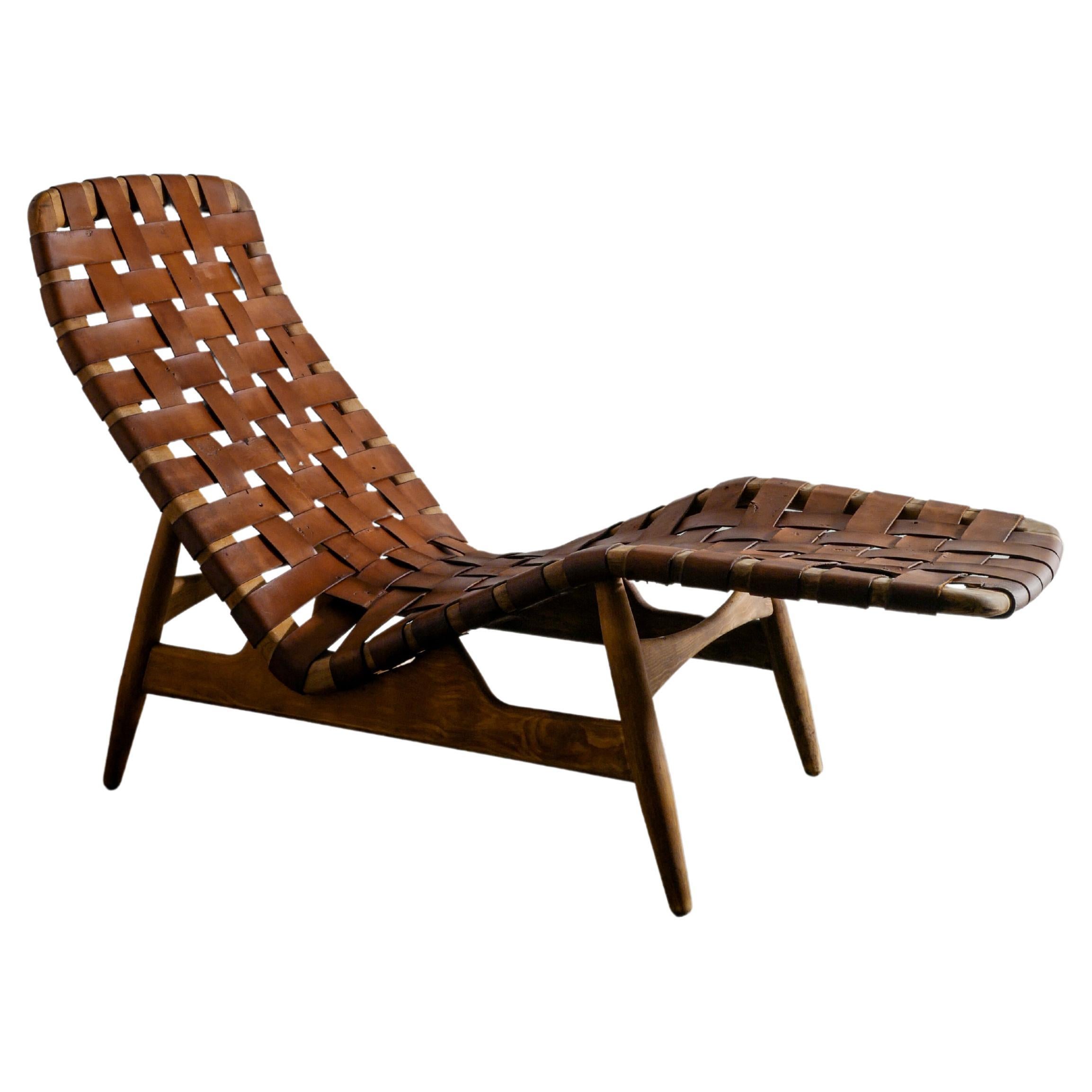 Arne Vodder Ash & Leather Chaise Lounge Chair Produced by Bovirke Denmark, 1950s