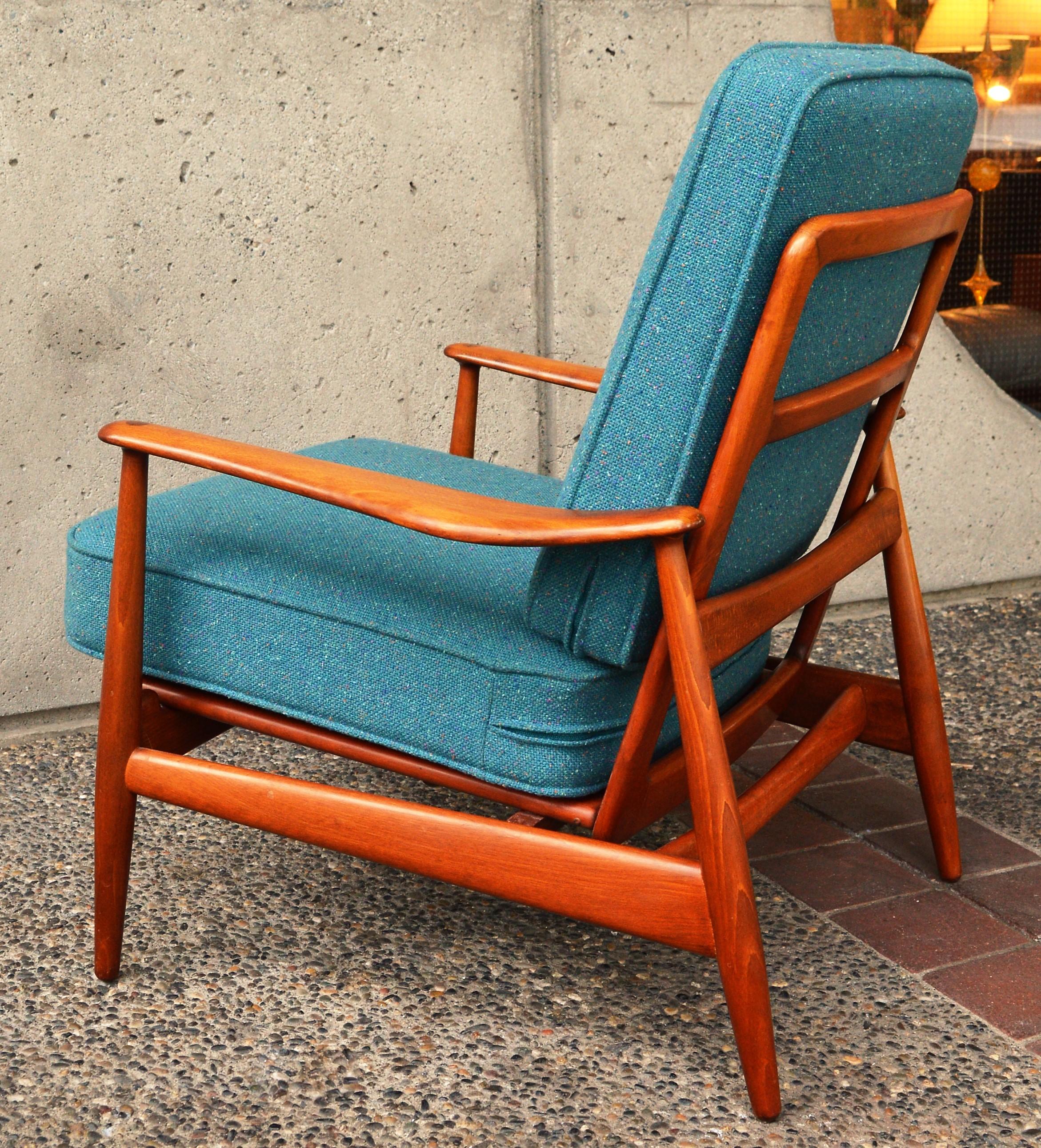 Danish Arne Vodder Beech Frame 2 Position Lounge Chair Teal Tweed Wool