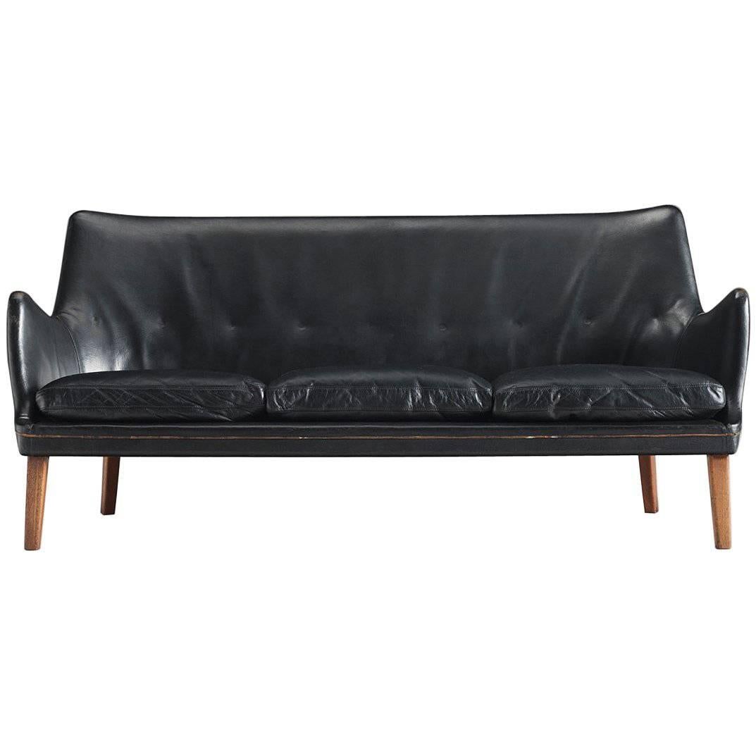 Arne Vodder Black Leather Sofa, 1950s