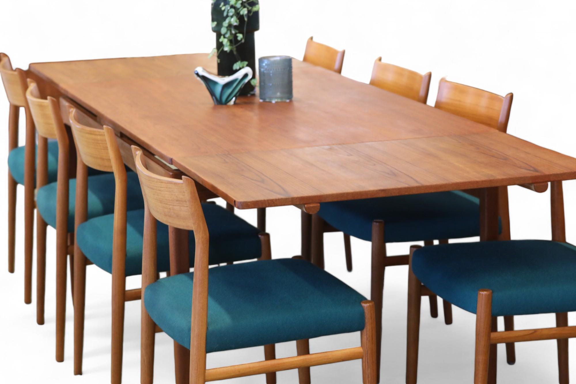 Tissu Chaise Arne Vodder modèle 418 avec revêtement en teck et laine verte, lot de quatre en vente
