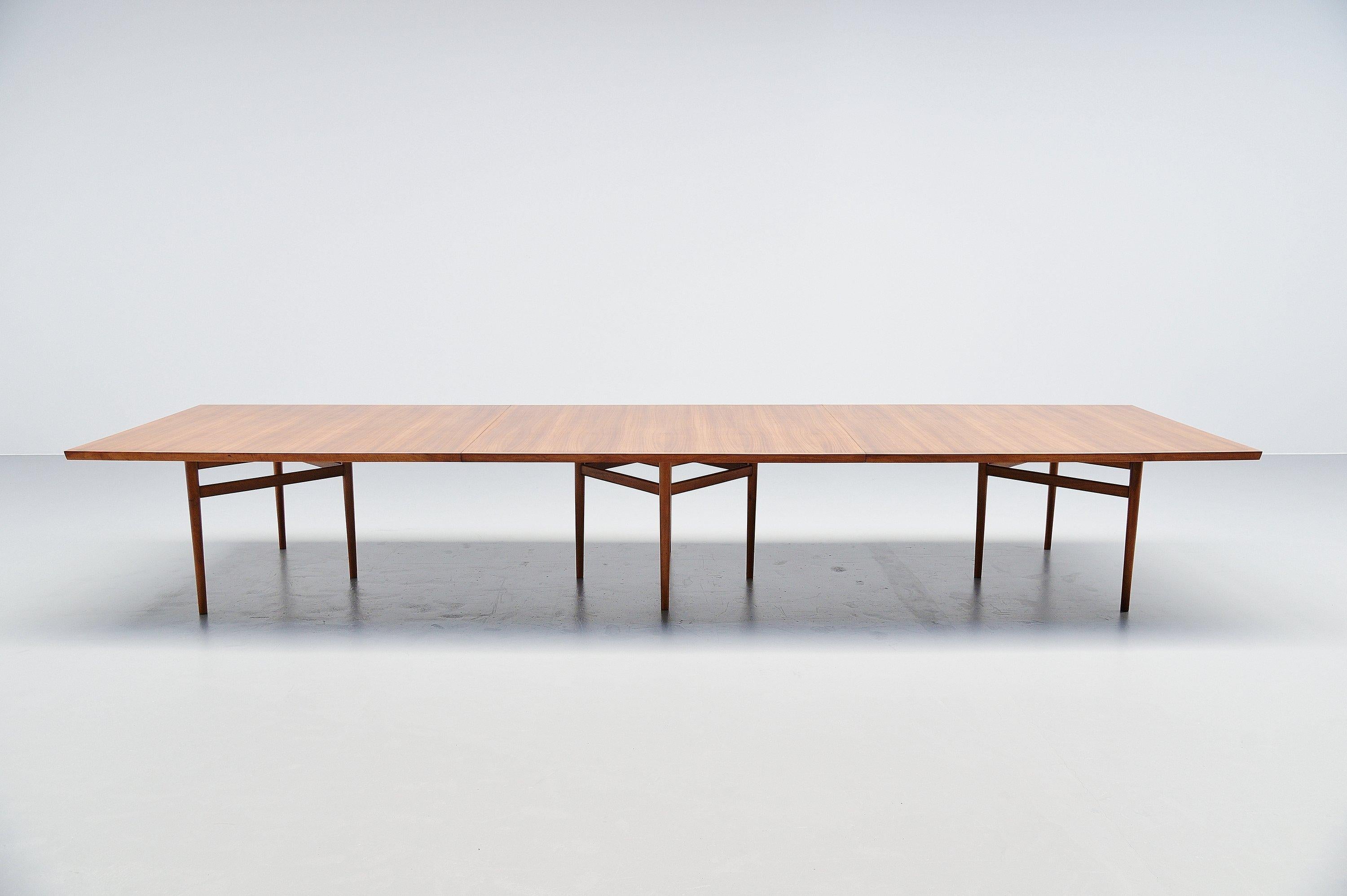 Monumental conference table model 201 designed by Arne Vodder and manufactured by Sibast Mobler, Denmark 1960. The table is made in teak wood, is fully restored and looks great again. Only 1 leg is a little bit bent, since this is solide wood we