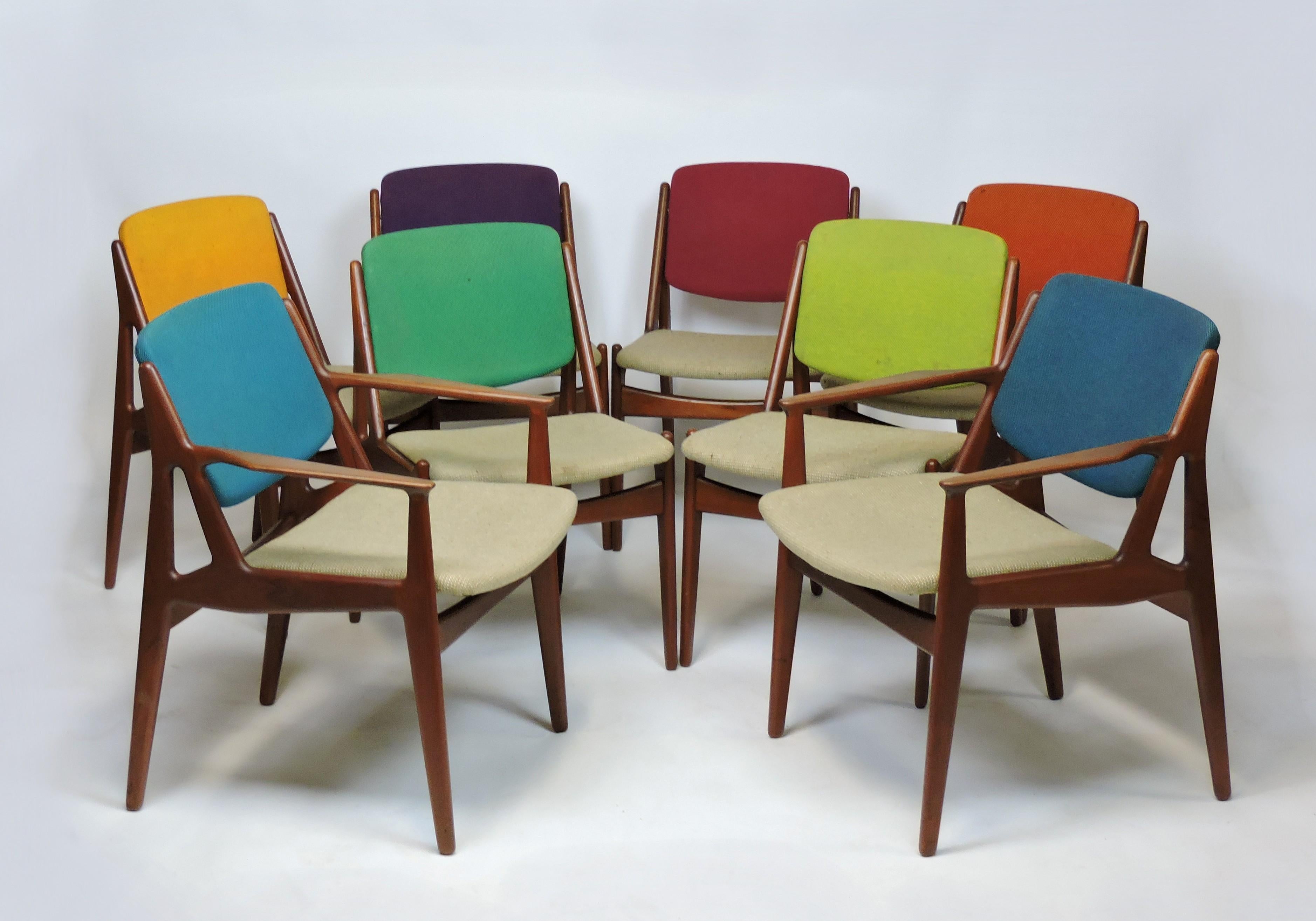 Arne Vodder Danish Modern Set of 8 Ella Teak Tilt Back Dining Chairs 8