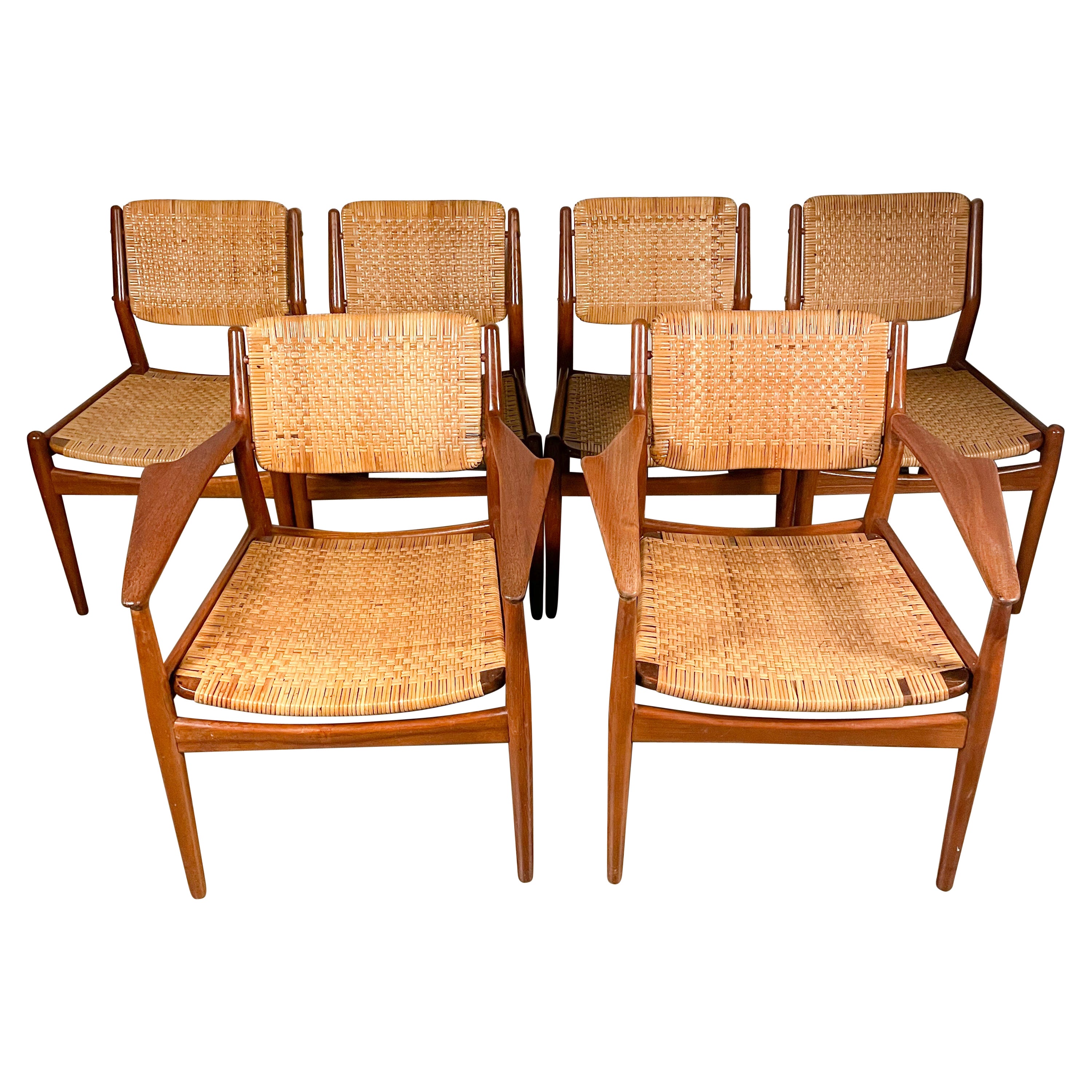 Arne Vodder Danish Modern Teak and Cane Dining chair set