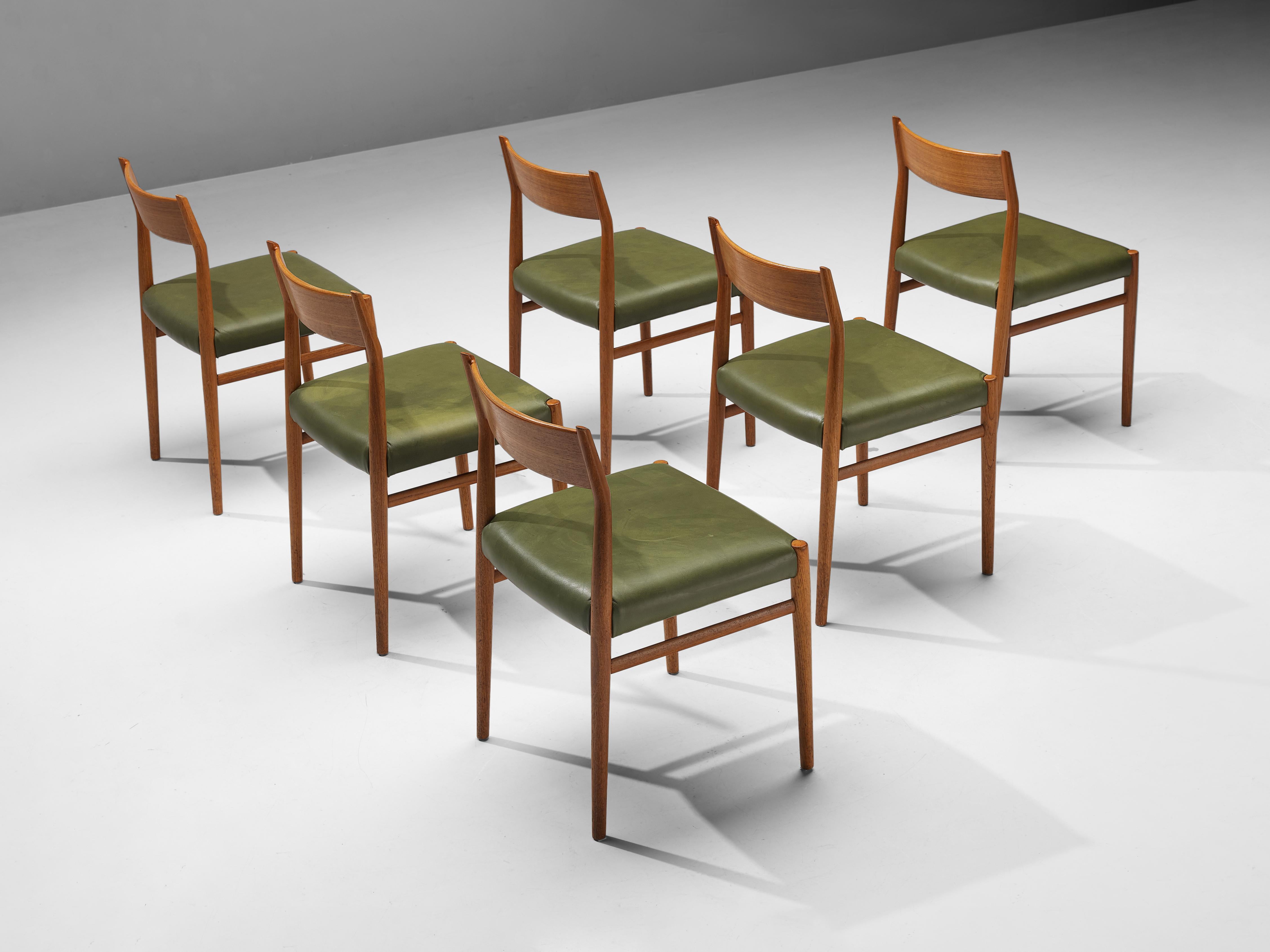 Danish Arne Vodder for Sibast Møbler Set of Six Dining Chairs in Teak and Green Leather