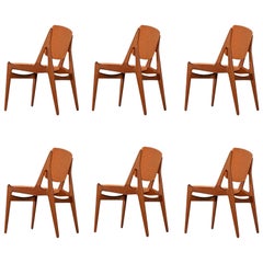 Arne Vodder Ella Dining Chairs New Fabric Solid Teak Swivel Back Danish Modern