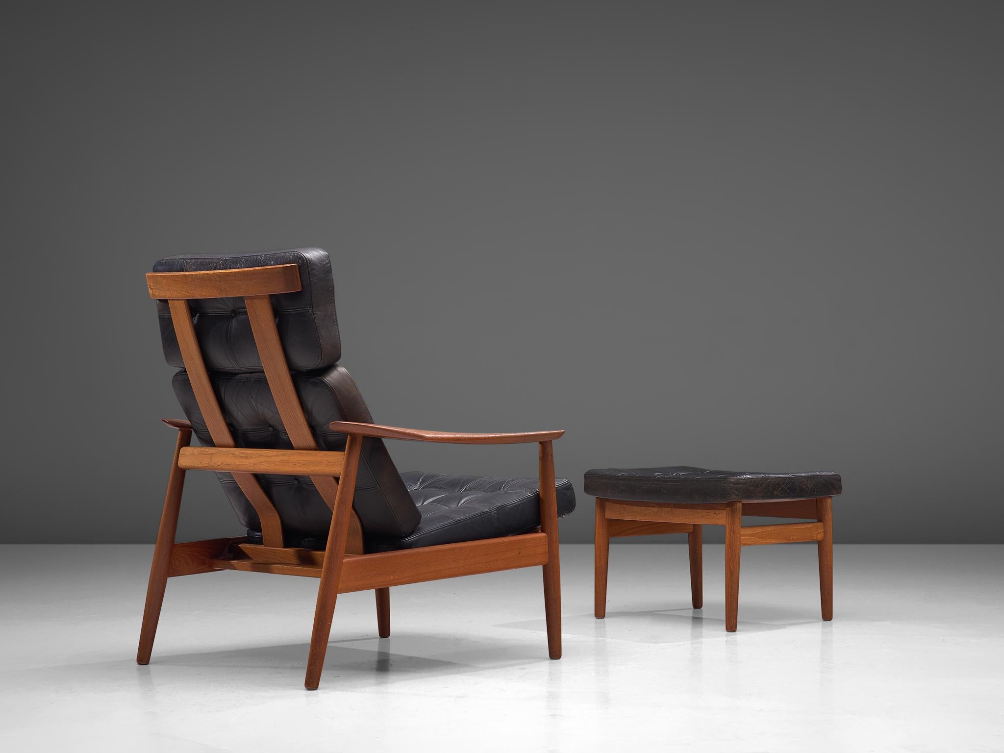 Arne Vodder, lounge chair and ottoman, black leather and teak, Denmark, 1960s

This lounge chair with pouf are good examples of the great craftsmanship of Arne Vodder. A modest design with refined details, such as the beautiful carved