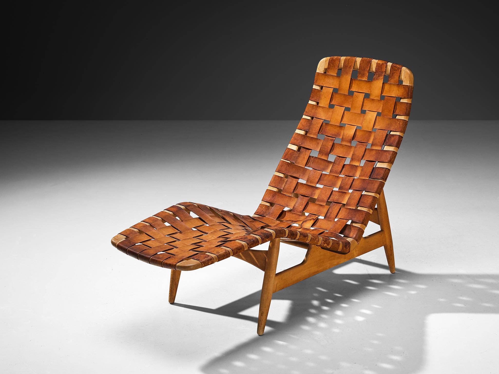 Arne Vodder para Bovirke Chaise Longue de cuero coñac patinado Danés en venta