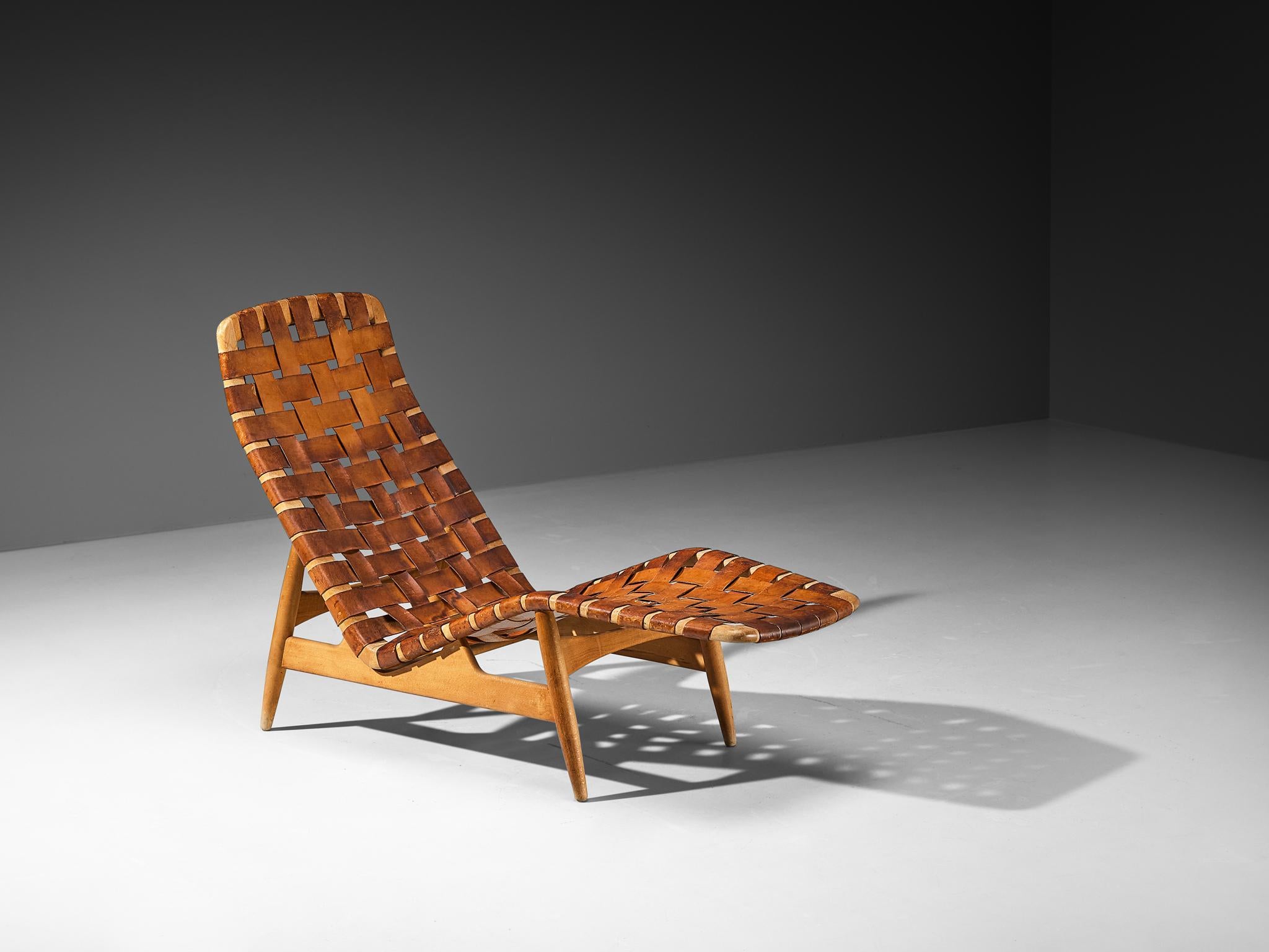 Arne Vodder para Bovirke Chaise Longue de cuero coñac patinado en Bueno estado para la venta en Waalwijk, NL