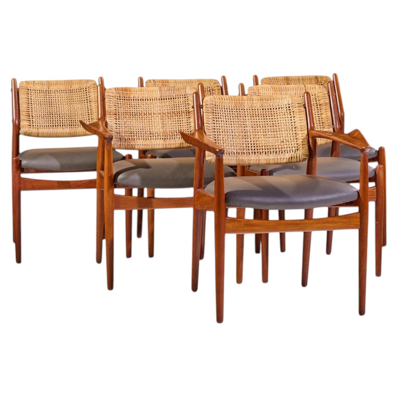 Arne Vodder für Sibast Model No. 51 Dänische Esszimmerstühle aus Teakholz und Rohrgeflecht - 6-teilig