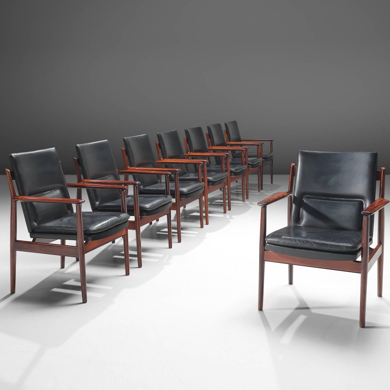 Arne Vodder for Sibast Set of Black Leather and Rosewood Dining Chairs 3
