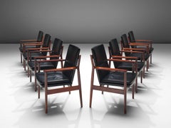 Arne Vodder for Sibast Set of Black Leather and Rosewood Dining Chairs