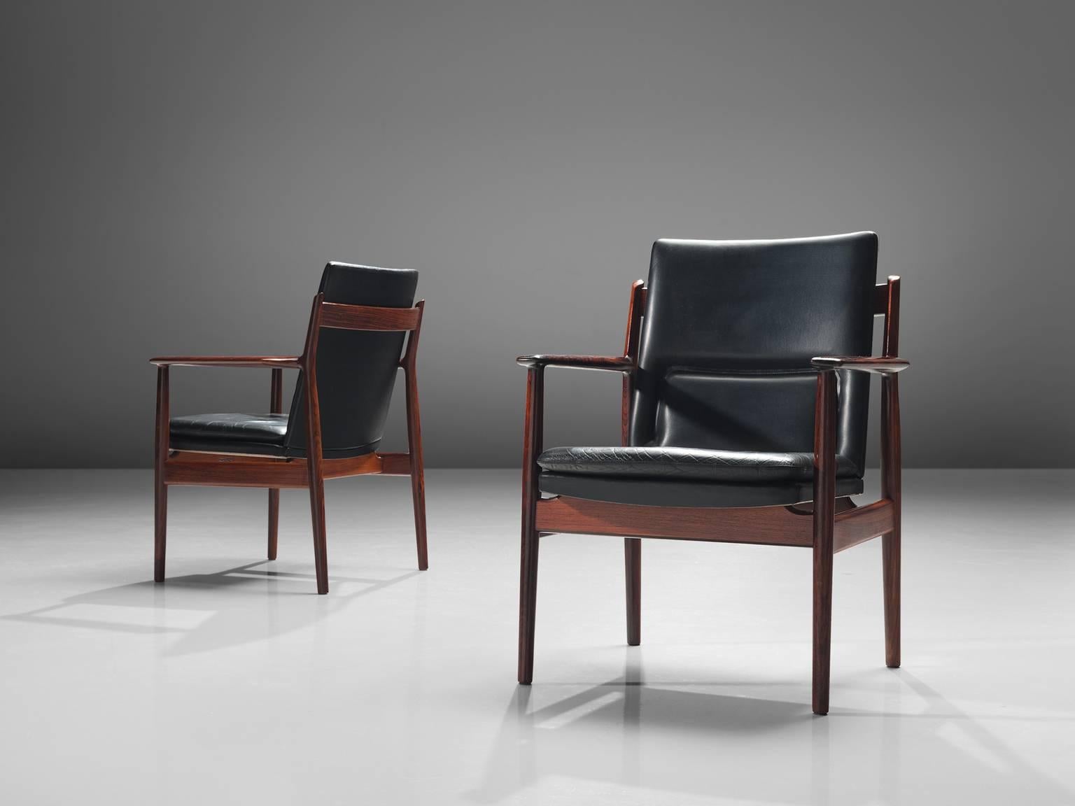 Scandinavian Modern Arne Vodder for Sibast Set of Black Leather and Rosewood Dining Chairs