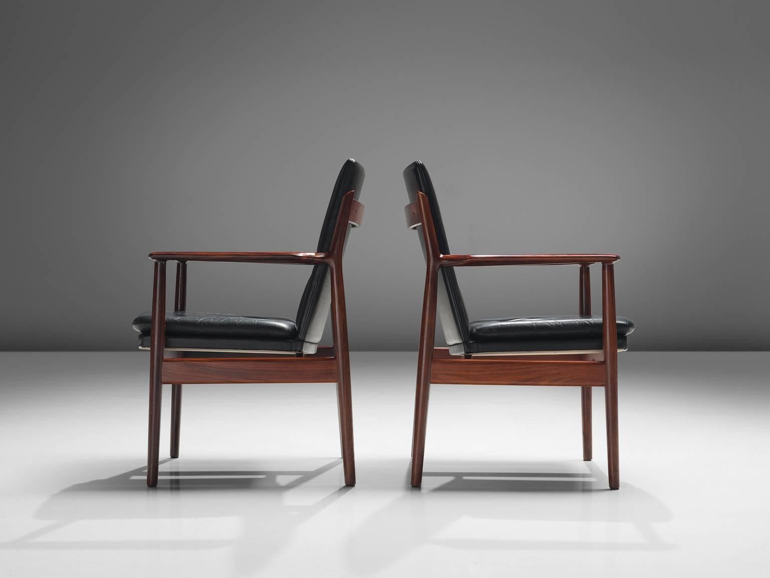 Danish Arne Vodder for Sibast Set of Black Leather and Rosewood Dining Chairs