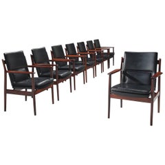Arne Vodder for Sibast Set of Black Leather and Rosewood Dining Chairs