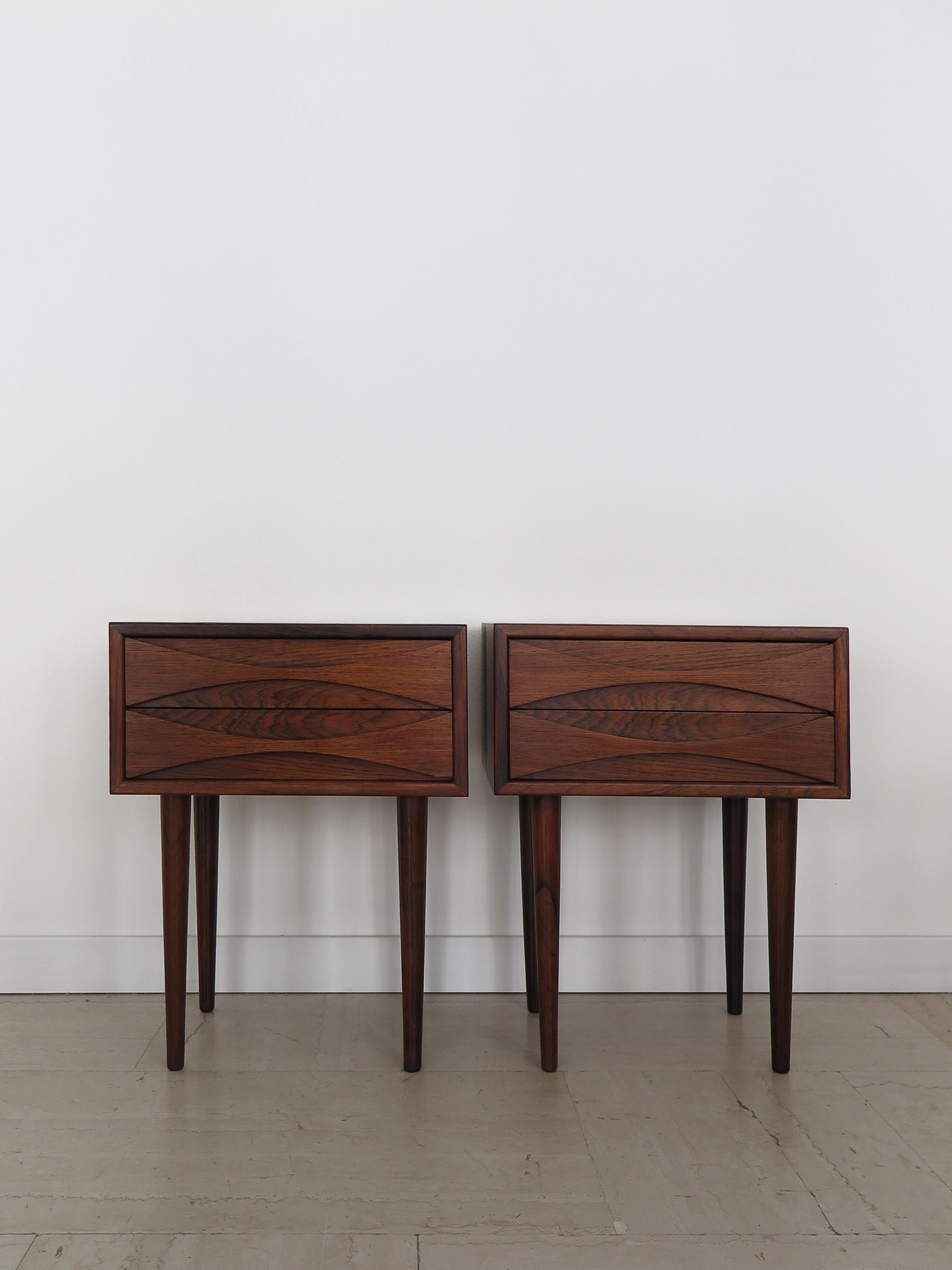 Scandinavian midcentury modern design dark wood night stands designed by Arne Vodder and produced by NC Möbler Odense, manufacturer’s adhesive label inside the drawers, Denmark from 1950 circa.