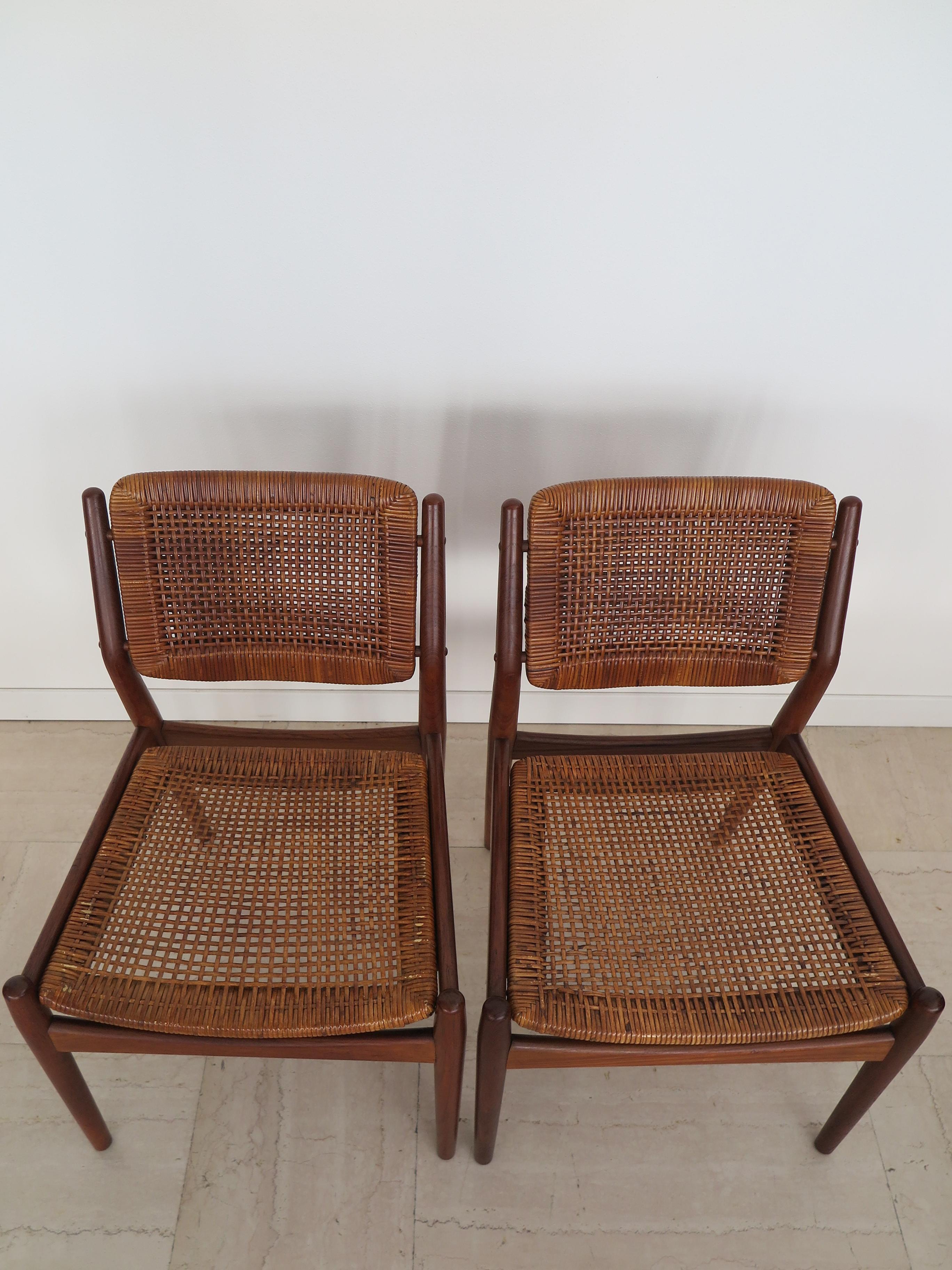 Danish Arne Vodder Midcentury Scandinavian Teak Rattan Chairs for Sibast 1950s For Sale